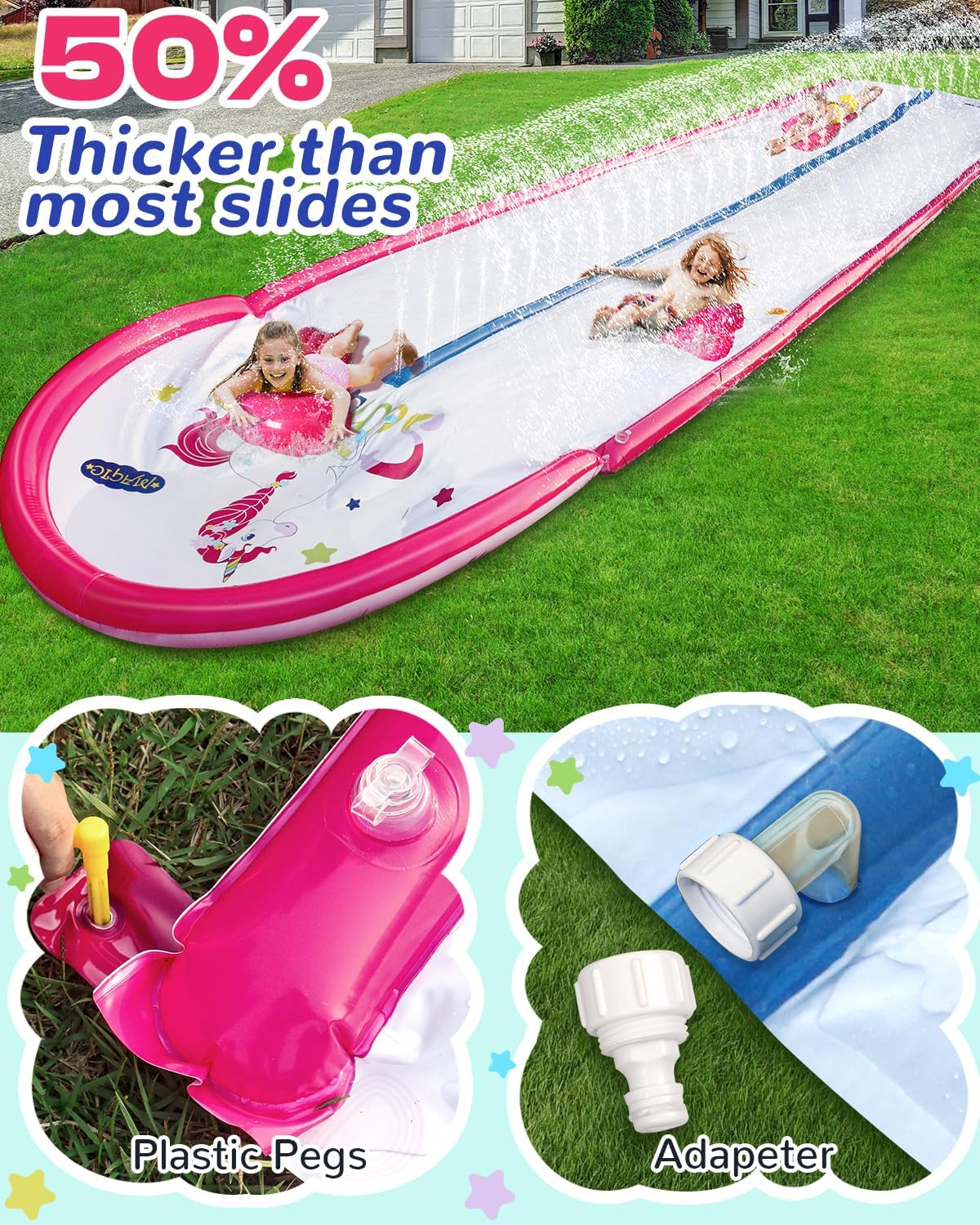 22ft Slip and Water Slide with 2 Inflatable Bodyboards,Pink Water Slide with Sprinkler for Kids Backyard,Summer Water Toys for Kids Outside,Lawn Water Slide 22ft Slip and Water Slide with 2 Inflatable Bodyboards,Pink Water Slide with Sprinkler for Kids Backyard,Summer Water Toys for Kids Outside,Lawn Water Slide