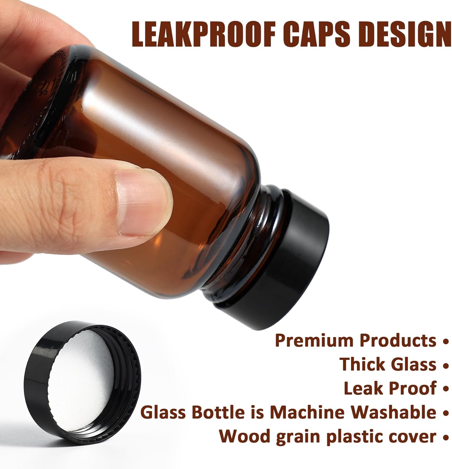 2oz Brown Glass Bottles with Lids Wide Mouth Brown Glass Jars for Juices, Wines, Whiskey and Homemade Beverages (8 pack) (Black Lid)