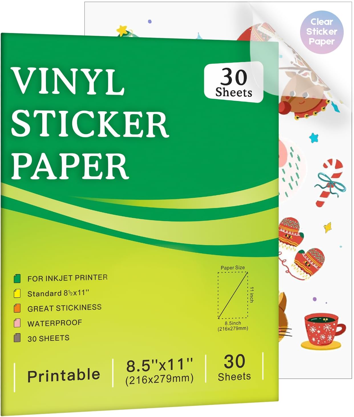 30 Sheets Premium Printable Clear Vinyl Sticker Paper for Inkjet Printer - 8.5x11 Transparent Waterproof Sticker Paper, Dries Quickly, Holds Ink Well, Vivid Colors, Tear Resistant