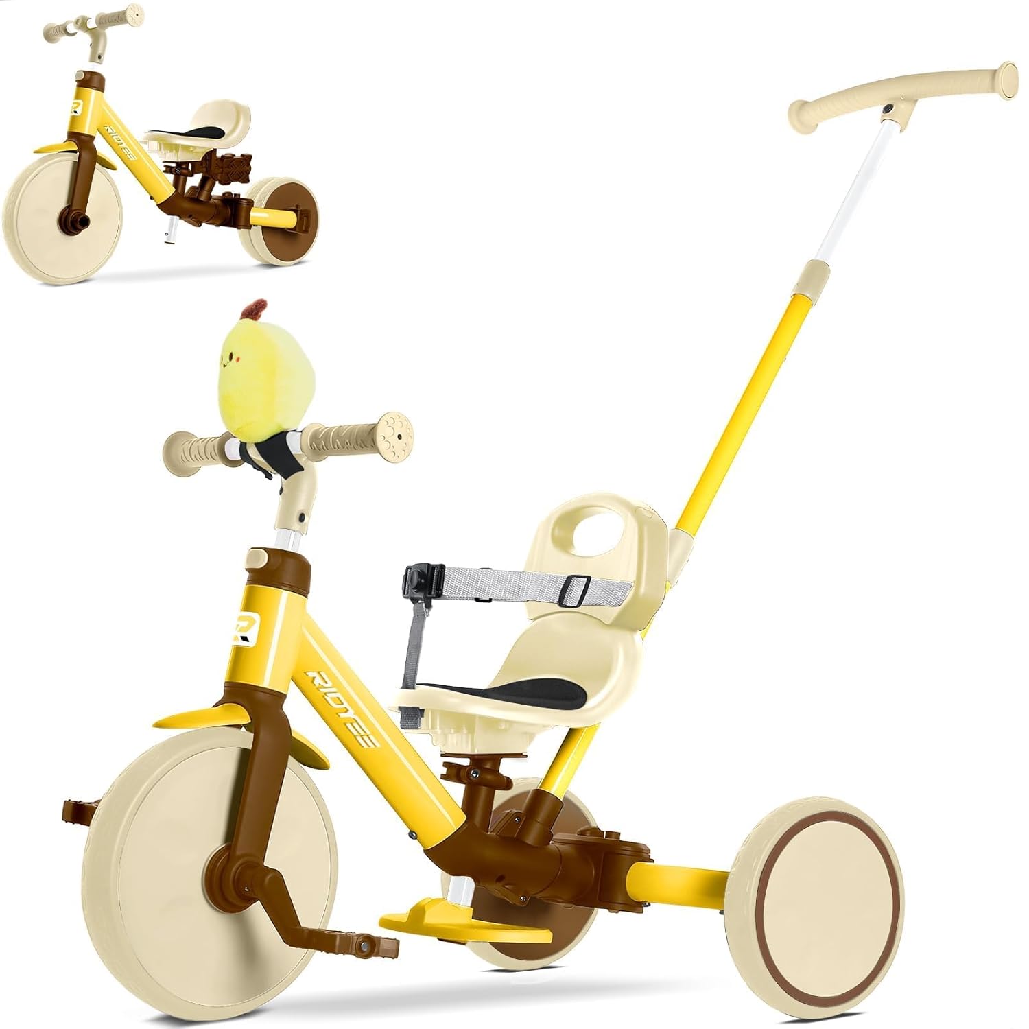 5-in-1 Toddler Tricycle for Ages 1.5–3, Parent Steering Push Trike, Tool-Free Convertible to Balance Bike, Safety Belt, Removable Backrest and Footrest, Ride-On Toy for Boys Girls, Yellow 5-in-1 Toddler Tricycle for Ages 1.5–3, Parent Steering Push Trike, Tool-Free Convertible to Balance Bike, Safety Belt, Removable Backrest and Footrest, Ride-On Toy for Boys Girls, Yellow