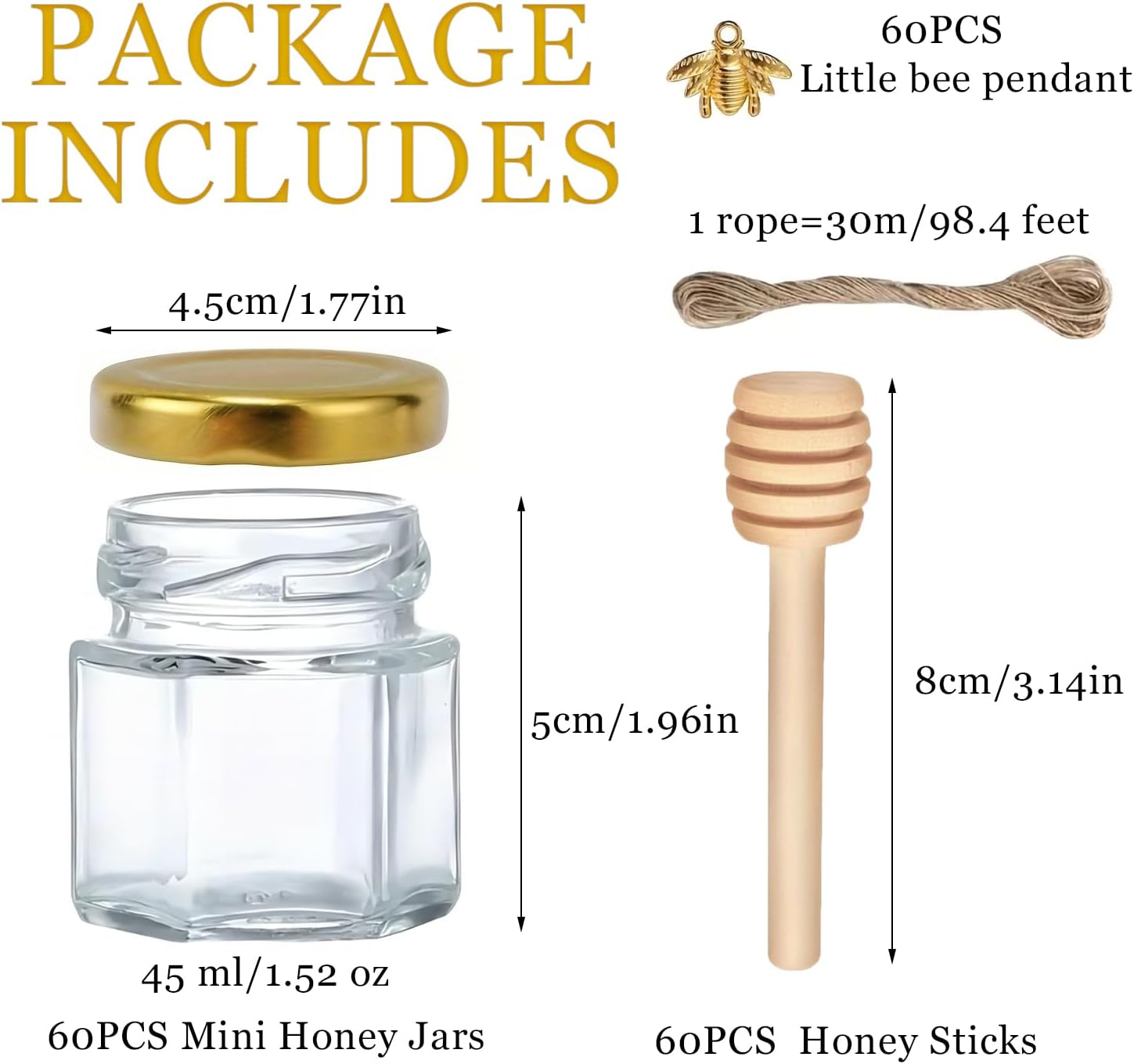 60 Pack 1.5 oz Mini Glass Honey Jar, Hexagon Honey Jars with Wood Dipper, Small Glass Favor Jars with Airtight Lids, Bee Pendants, Jutes - Perfect for Baby Shower, Wedding, Party Favors
