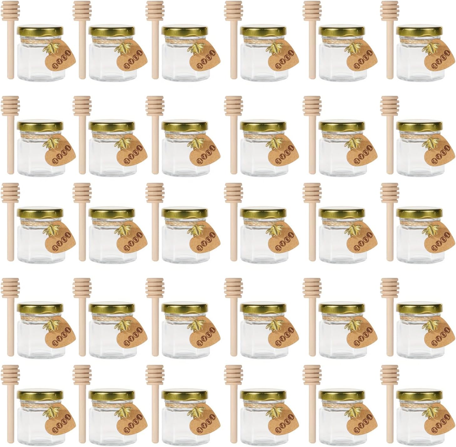 60 Pack 1.5 oz Mini Glass Honey Jar, Hexagon Honey Jars with Wood Dipper, Small Glass Favor Jars with Airtight Lids, Bee Pendants, Jutes - Perfect for Baby Shower, Wedding, Party Favors