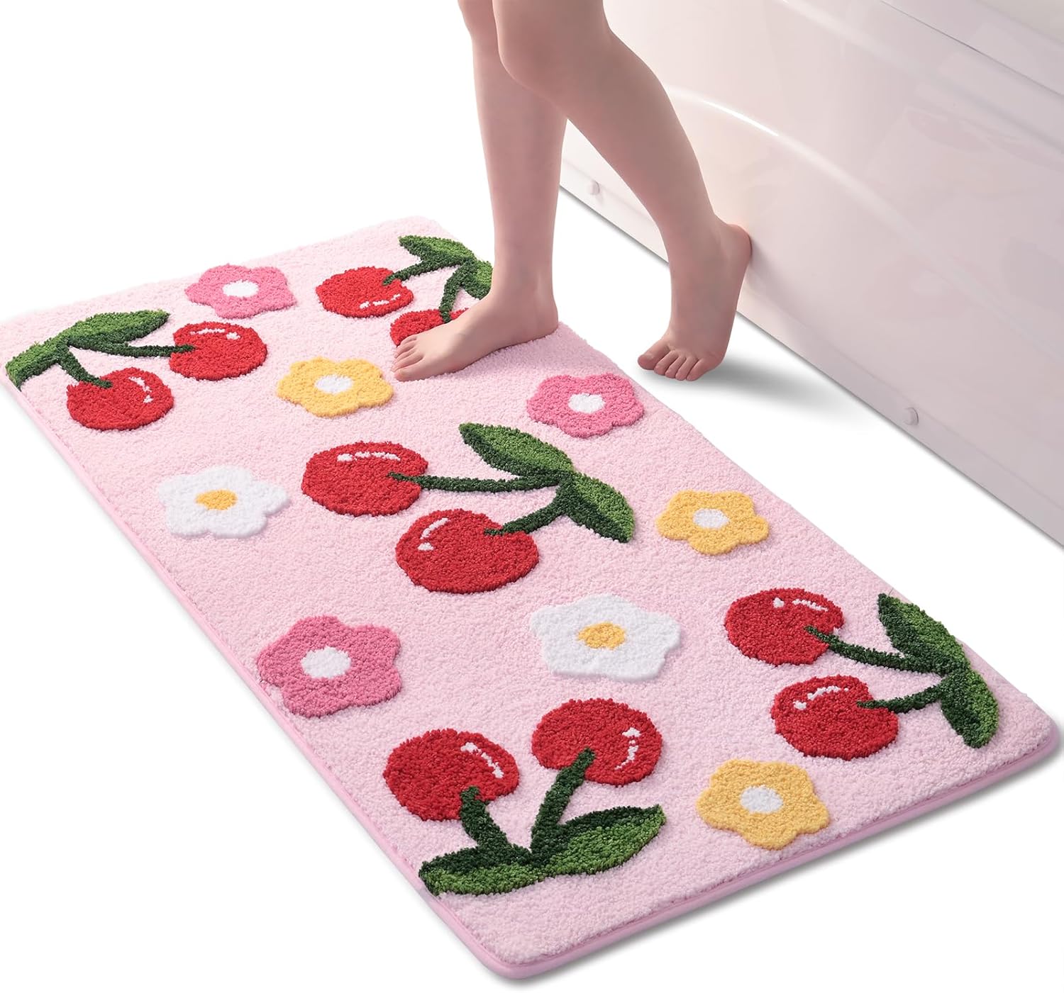 Anybar Beige Bathroom Rugs Cute Cherry Bath Mat Coloful Bathroom Accessories, Funny Flower Rug Non Slip Floor Mat, Machine Washable Bath Rug Soft Microfiber Carpet for Shower, Tub (24x36 inch)