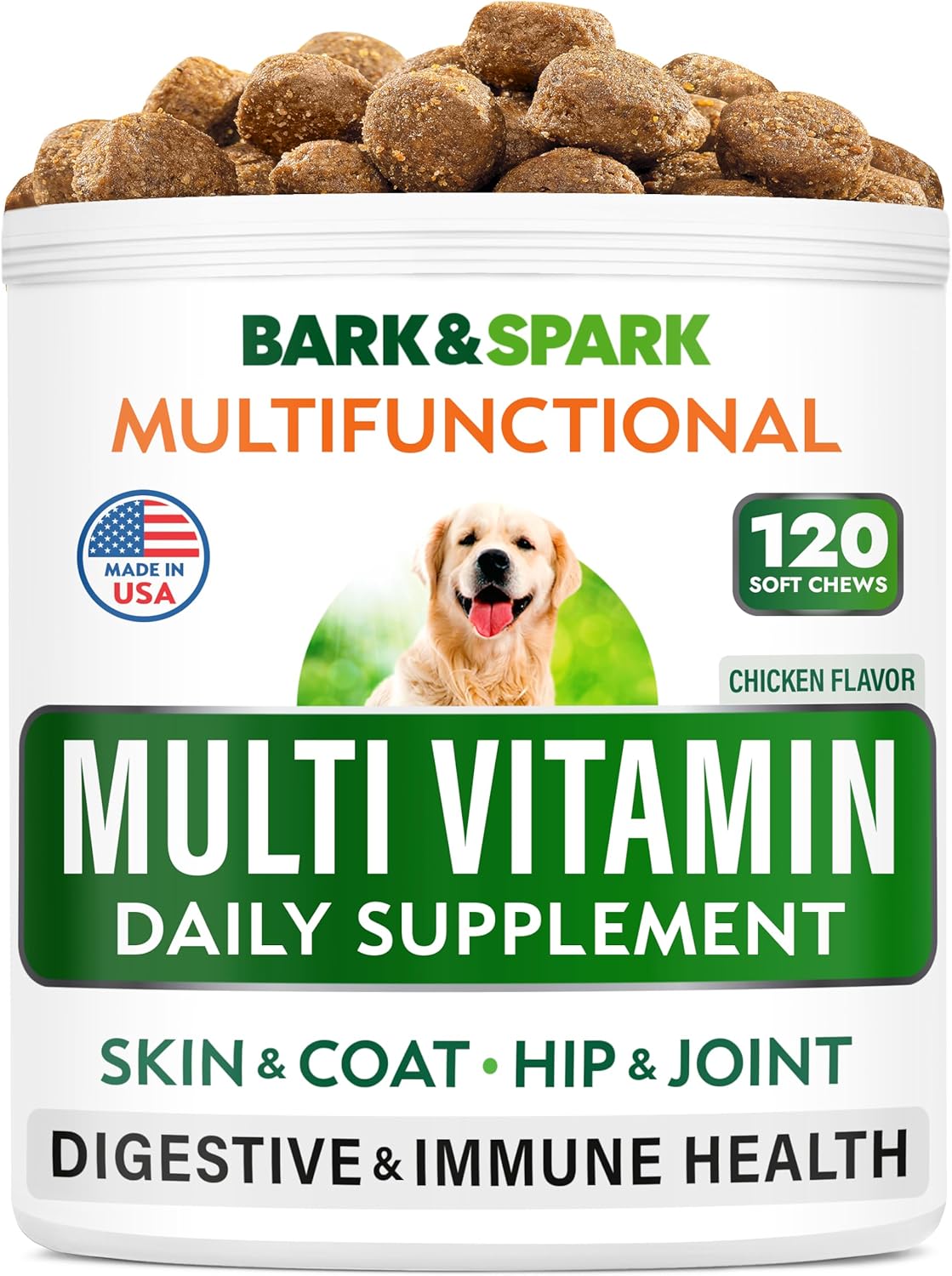 BARKSPARK Advanced Dog Vitamins - Four in One Vitamin Complex - Glucosamine + Omega + Probiotics + Vitamins - 100ct -Salmon  Beef Liver