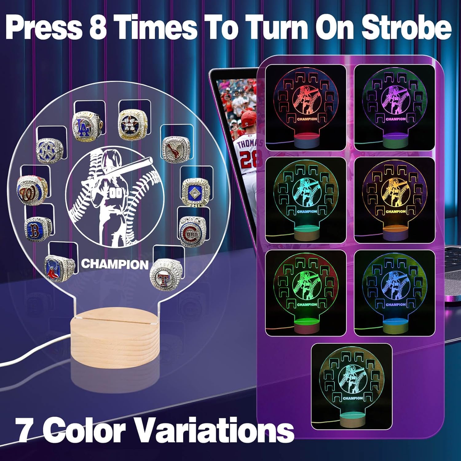 Baseball Championship Ring Holder, Softball Ring Display Stand, Light Up Rings Acrylic Board, Storage 10 Rings, Boys Teens Graduation Gifts, Birthday Gift for Son (1, Championship Ring)