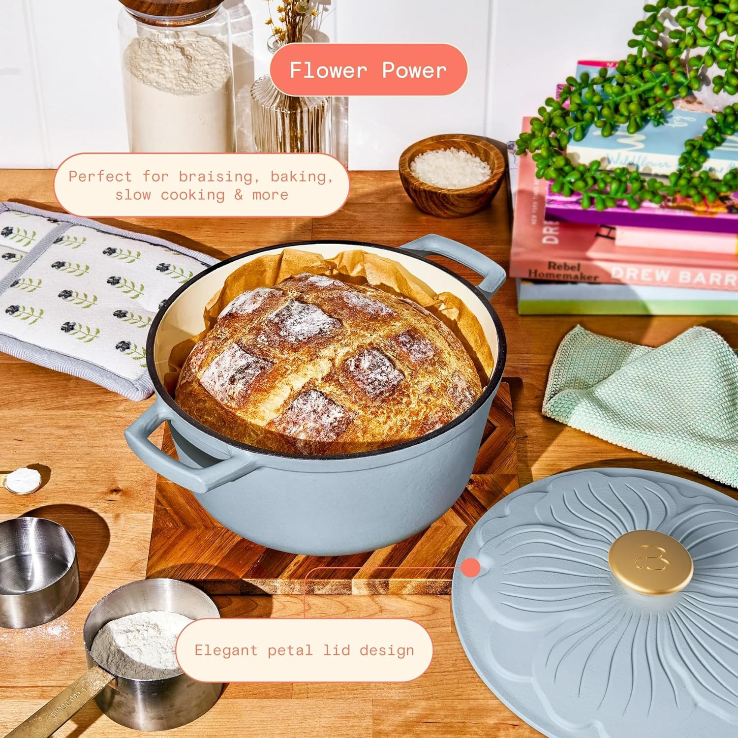 Beautiful 4QT Enameled Cast Iron Round Dutch Oven with Embossed Petal Lid, Gold Finish Knob, Wide Handles, Induction Compatible, Oven Safe to 500°F, Easy-Clean Interior, No Preseasoning (Cornflower Blue)