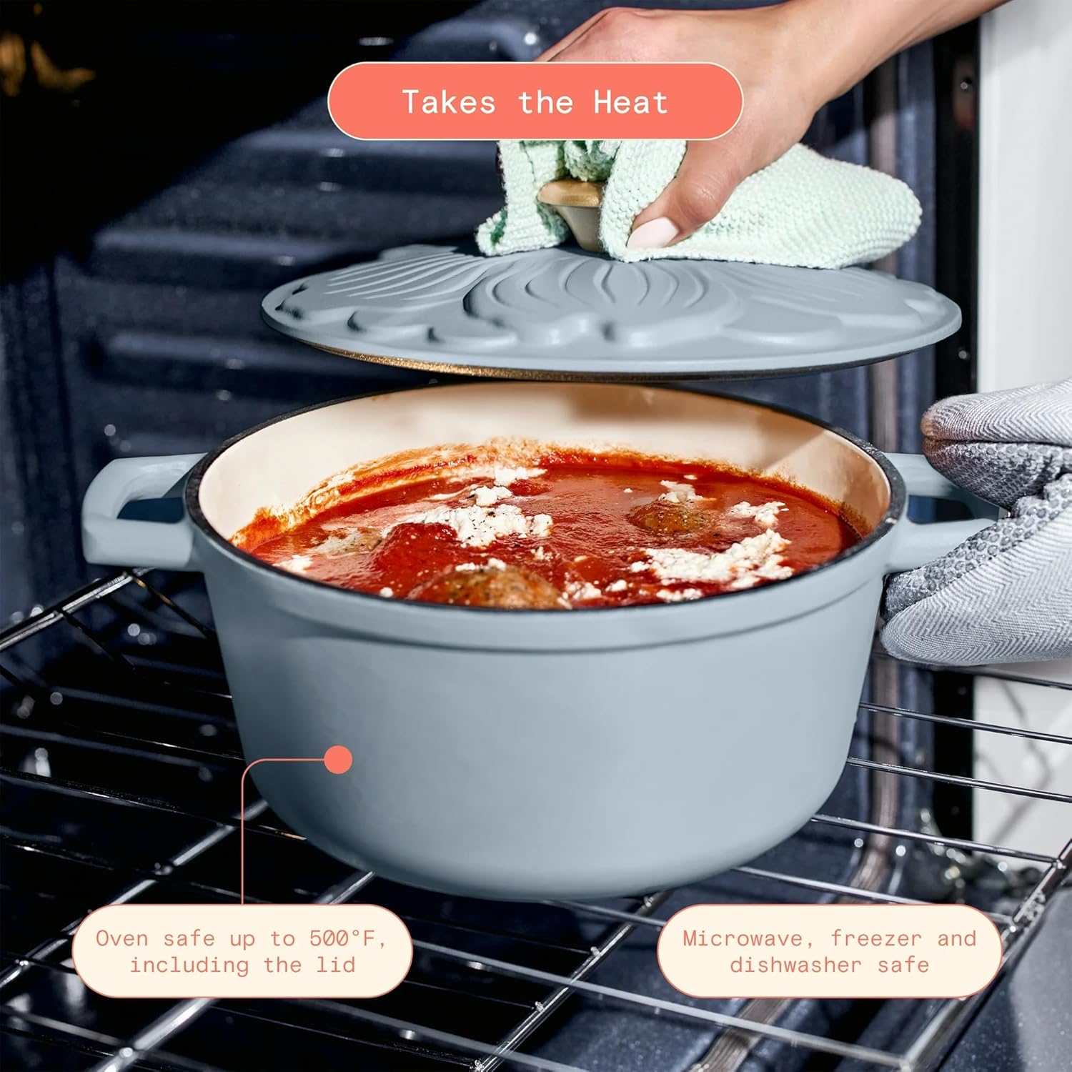 Beautiful 4QT Enameled Cast Iron Round Dutch Oven with Embossed Petal Lid, Gold Finish Knob, Wide Handles, Induction Compatible, Oven Safe to 500°F, Easy-Clean Interior, No Preseasoning (Cornflower Blue)