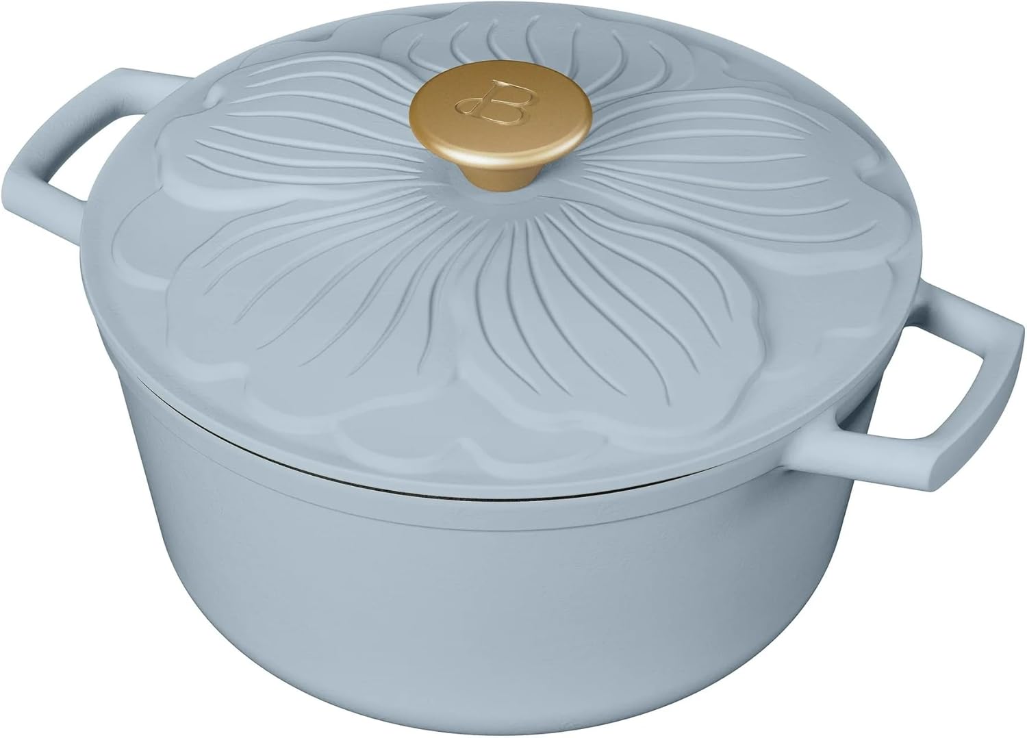 Beautiful 4QT Enameled Cast Iron Round Dutch Oven with Embossed Petal Lid, Gold Finish Knob, Wide Handles, Induction Compatible, Oven Safe to 500°F, Easy-Clean Interior, No Preseasoning (Cornflower Blue)