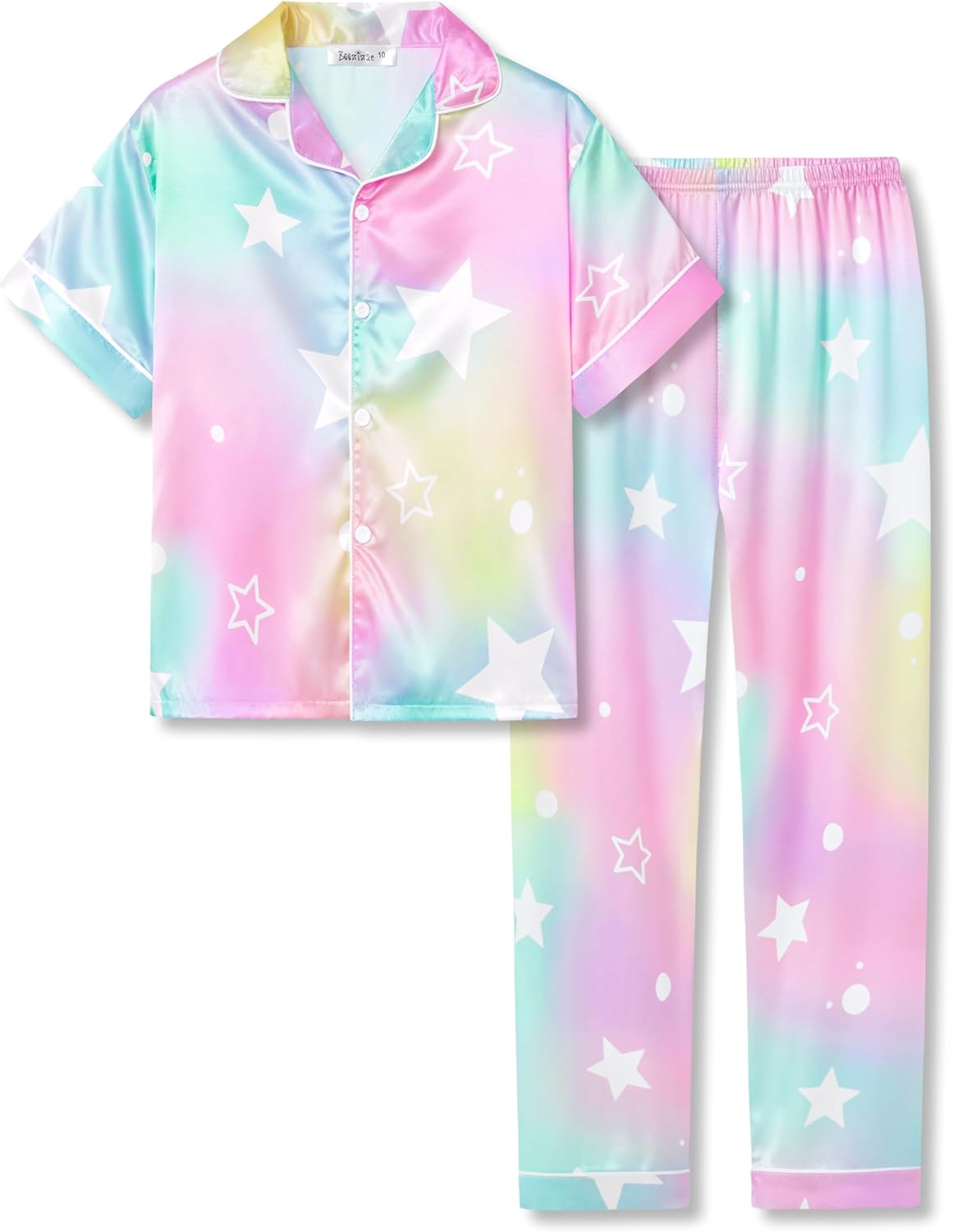 Beezizac Little  Big Girls Pajama Satin Silky Yellow  Pink Leopard 2-PC Short Sleeves  Pants Set Kid Size 6-16