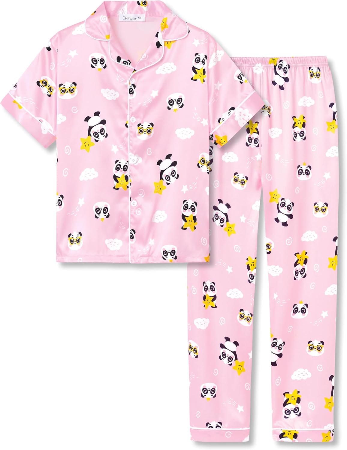 Beezizac Little  Big Girls Pajama Satin Silky Yellow  Pink Leopard 2-PC Short Sleeves  Pants Set Kid Size 6-16