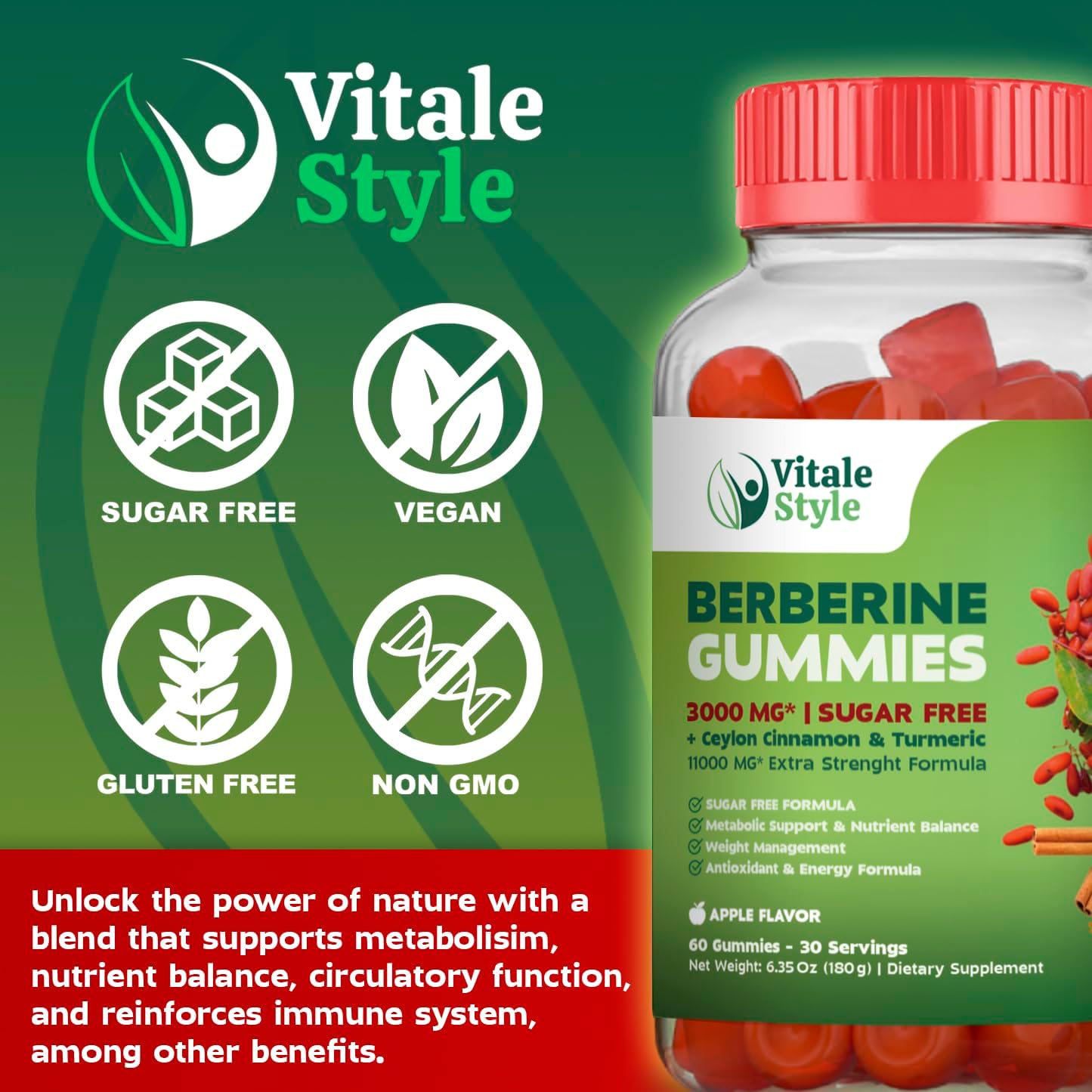 Berberine Weight Management Gummies 3000mg – Ceylon Cinnamon, Turmeric B12 Complex | Supports Metabolic Balance Energy |Vitale Sytyle | Vegan, Sugar-Free | 60 Gummies Berberine Weight Management Gummies 3000mg – Ceylon Cinnamon, Turmeric B12 Complex | Supports Metabolic Balance Energy |Vitale Sytyle | Vegan, Sugar-Free | 60 Gummies
