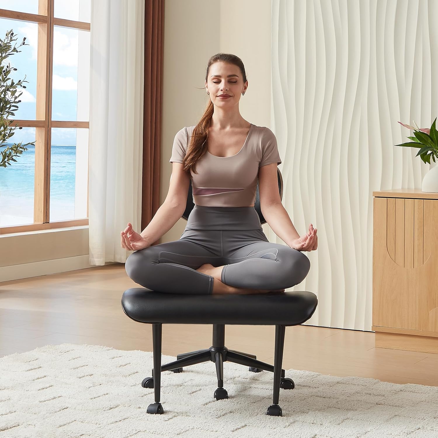 Bestier Cross Legged Office Chair with Wider Bentwood Back Support, Ergonomic Meditation Office Chair for Adults up to 300 lbs, 360° Swivel Adjustable Height for Multi Position Black