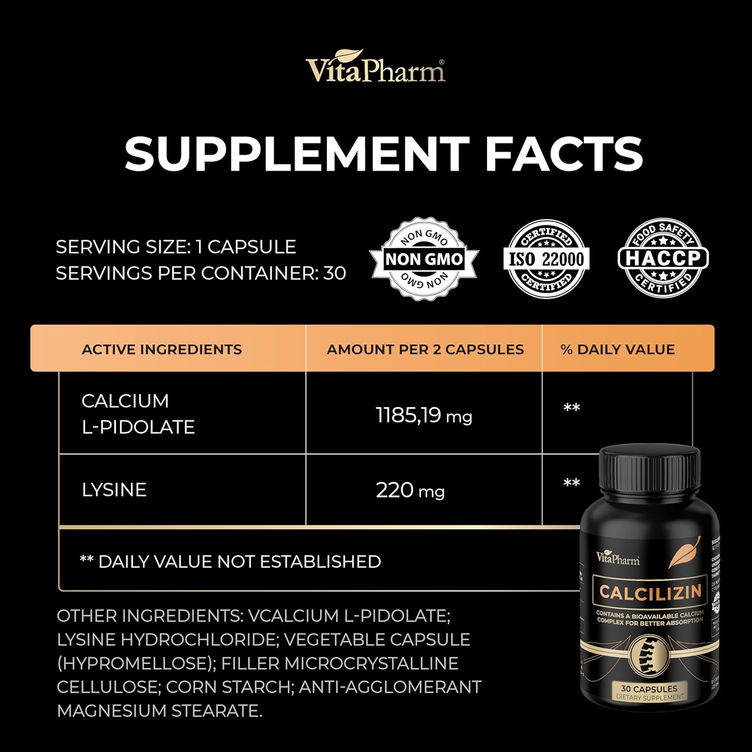 Calcilizin Calcium L-Pidolate  L Lysine Capsules – Bone Strength  Bone Health Support – Calcium for Men  Women – Non-GMO Bone Support Supplement – 30 Capsules