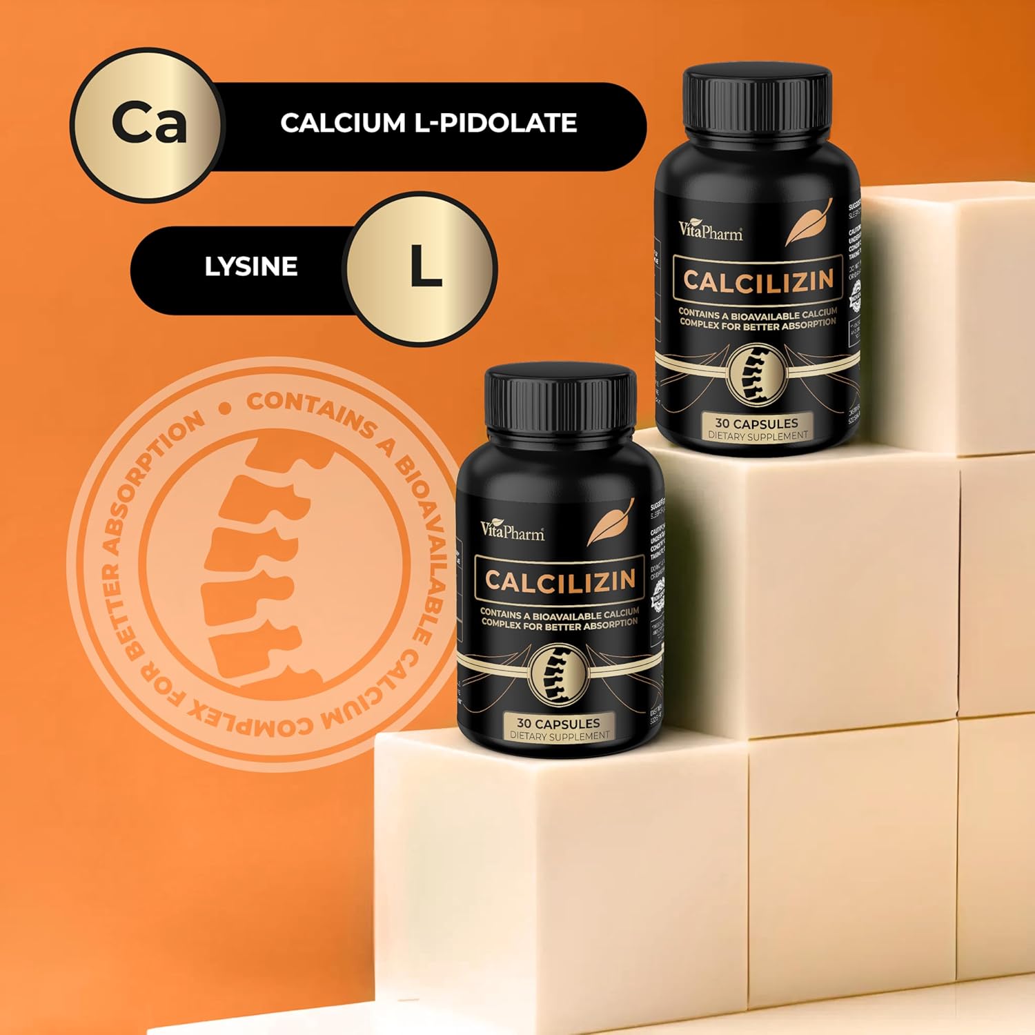 Calcilizin Calcium L-Pidolate  L Lysine Capsules – Bone Strength  Bone Health Support – Calcium for Men  Women – Non-GMO Bone Support Supplement – 30 Capsules