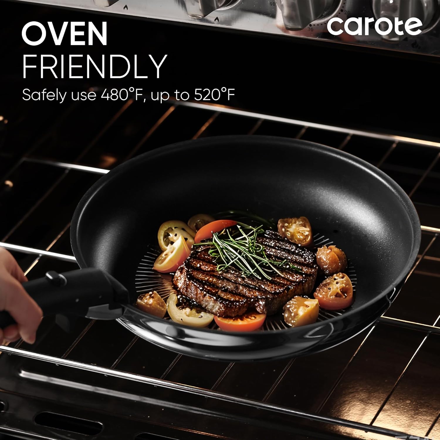 CAROTE 16pcs Stainless Cookware set with Temperature Spot, Removable Handle Pots and Pans Set Non Stick, Kitchen Cooking Set, Induction Cookware Set, RV Pot and Pan, Oven Safe, Black