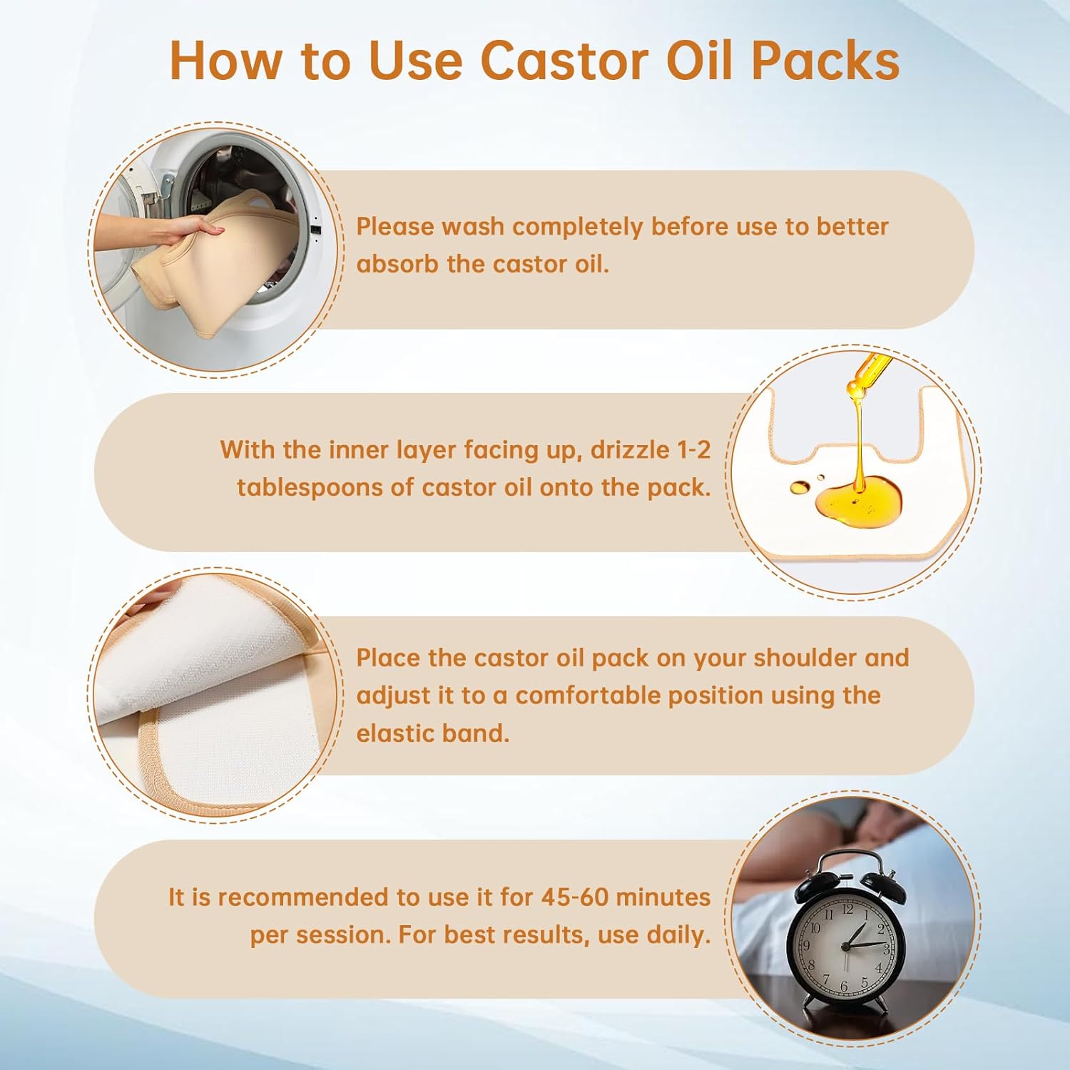 Castor Oil Pack Wrap, 3 Pcs Reusable Organic Castor Oil Packs for Shoulder Arm Knee, Adjustable Caster Oil Kit for Liver Detox, Machine Washable Gift for Women