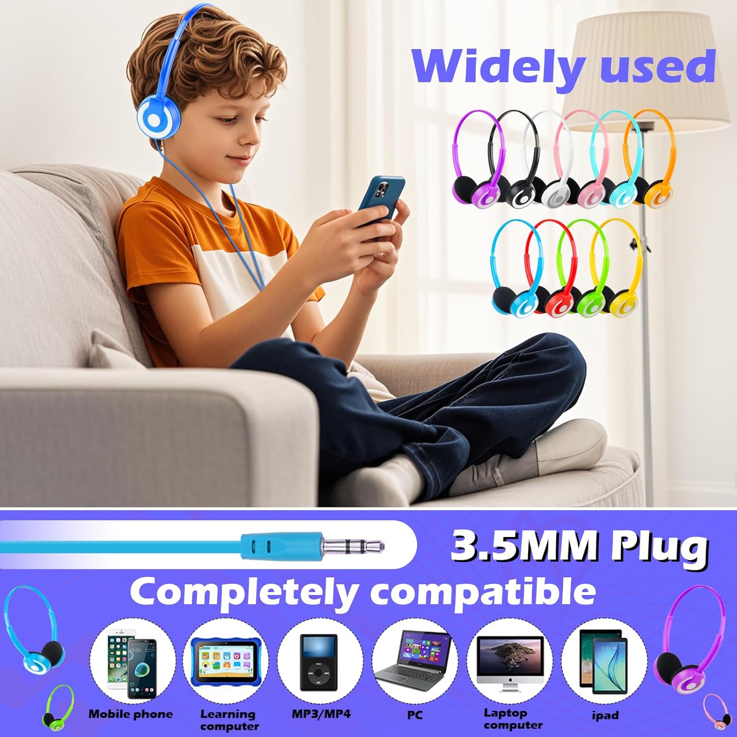 Classroom Kids Headphones Bulk 20 Pack Class Set of Headphones for Students Children Boys Girls Teen and Adult 3.5mm Mixed Colors (B)