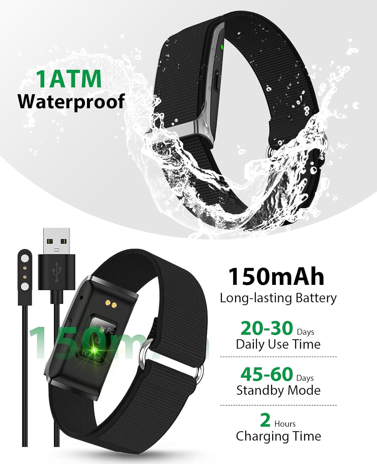 EGQINR Smart Bracelet, 24H Sleep Tracker, All-Day Continuous Heart Rate Stress HRV Monitor, 120+ Sport Modes Smart Wristband with Free APP 2 Bands