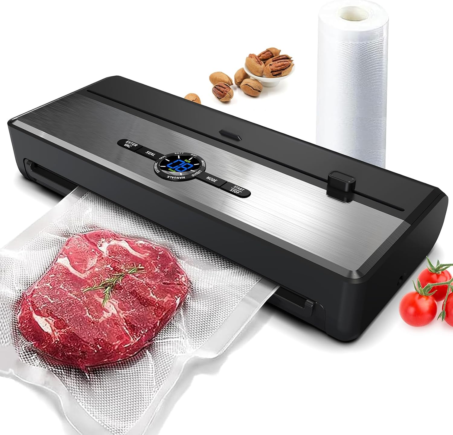 Fully Automatic 85kPA Vacuum Sealer Machine, 135W Vacuum Sealing for Dry/Moist Food Fresh, 8-in-1 Food Sealer with Digital Countdown | Built-in Bags Storage  Cutter | 1 Roll and 5 Pre-cut Bags