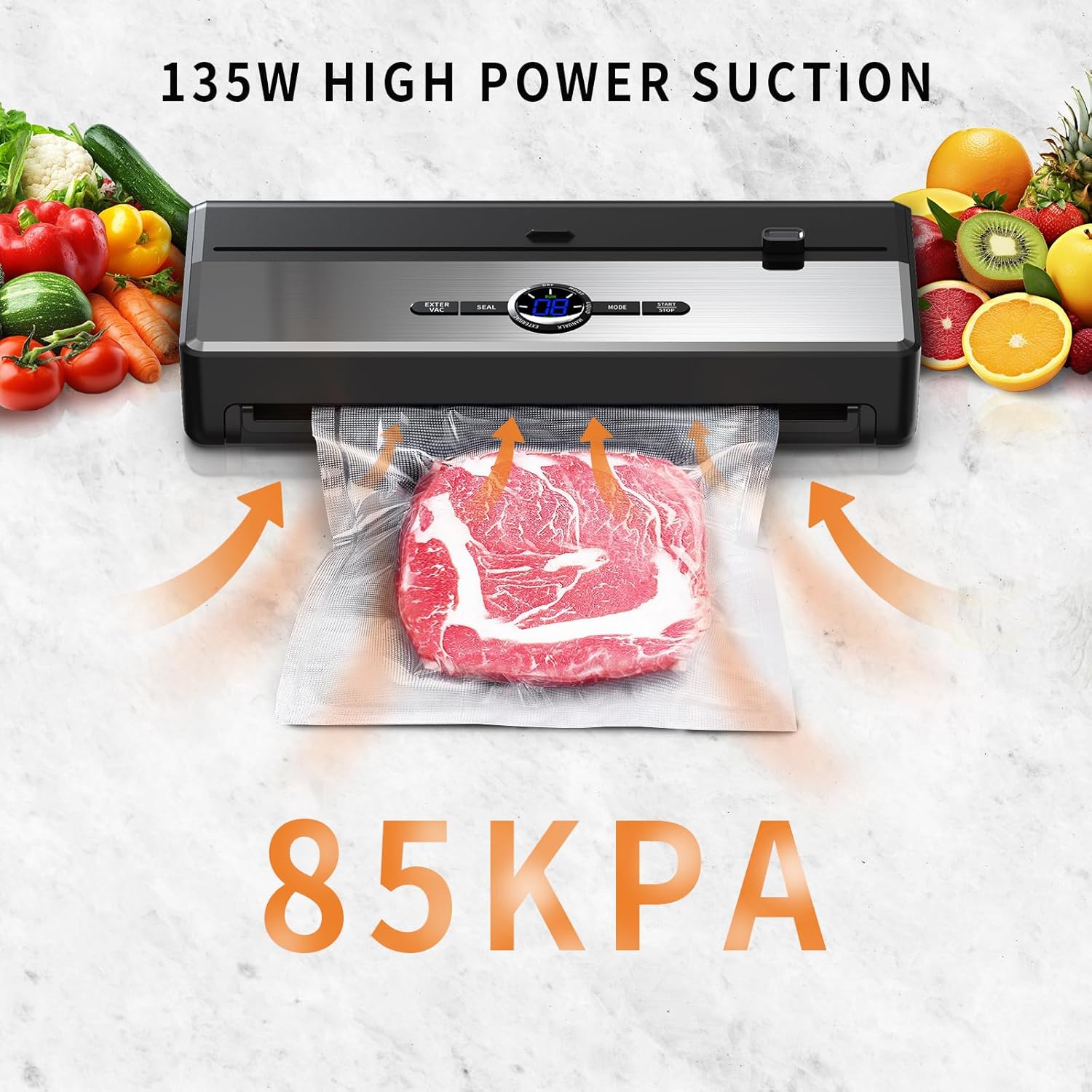 Fully Automatic 85kPA Vacuum Sealer Machine, 135W Vacuum Sealing for Dry/Moist Food Fresh, 8-in-1 Food Sealer with Digital Countdown | Built-in Bags Storage  Cutter | 1 Roll and 5 Pre-cut Bags