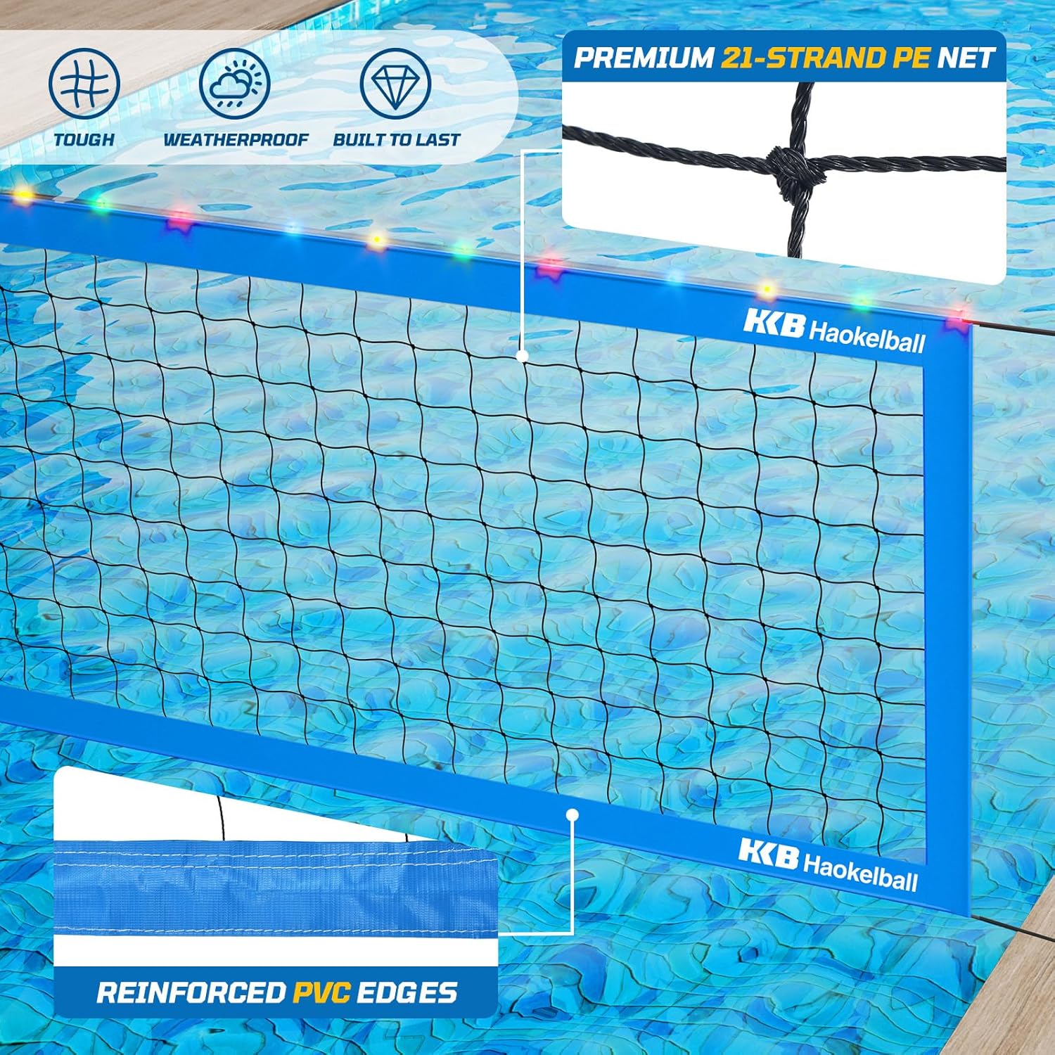 Haokelball Pool Volleyball Net Set – Adjustable 15ft-32ft Length  Height, LED Net, 2 Volleyballs (Standard  Glow-in-The-Dark), 45L Weighted Base, for Family Fun, Pool  Party Games