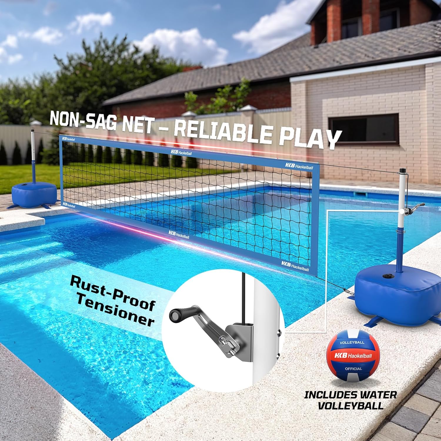 Haokelball Pool Volleyball Net Set – Adjustable 15ft-32ft Length  Height, LED Net, 2 Volleyballs (Standard  Glow-in-The-Dark), 45L Weighted Base, for Family Fun, Pool  Party Games