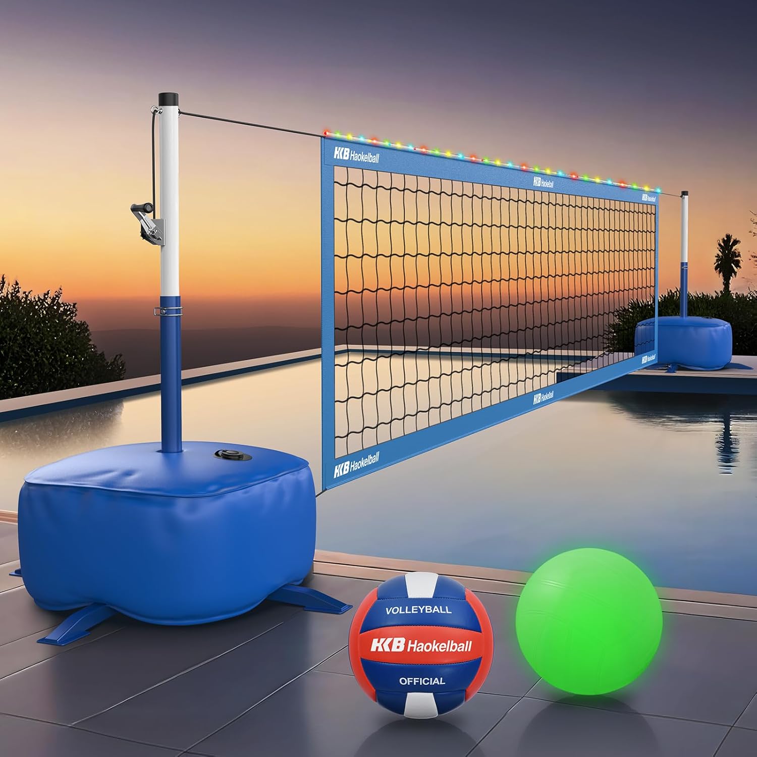 Haokelball Pool Volleyball Net Set – Adjustable 15ft-32ft Length  Height, LED Net, 2 Volleyballs (Standard  Glow-in-The-Dark), 45L Weighted Base, for Family Fun, Pool  Party Games