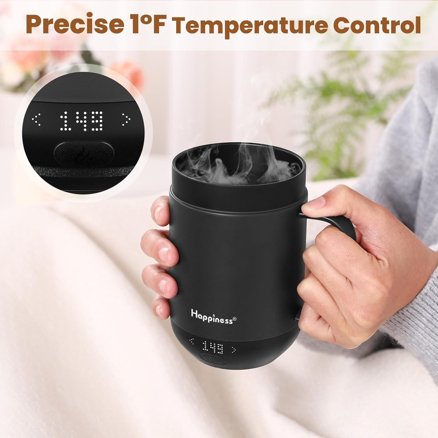 Happiness Smart Heated Coffee Mug,16oz Rechargeable Electric Self Heating Temperature Control Coffee Cup,Gifts for Mom Dad Grandma Wife