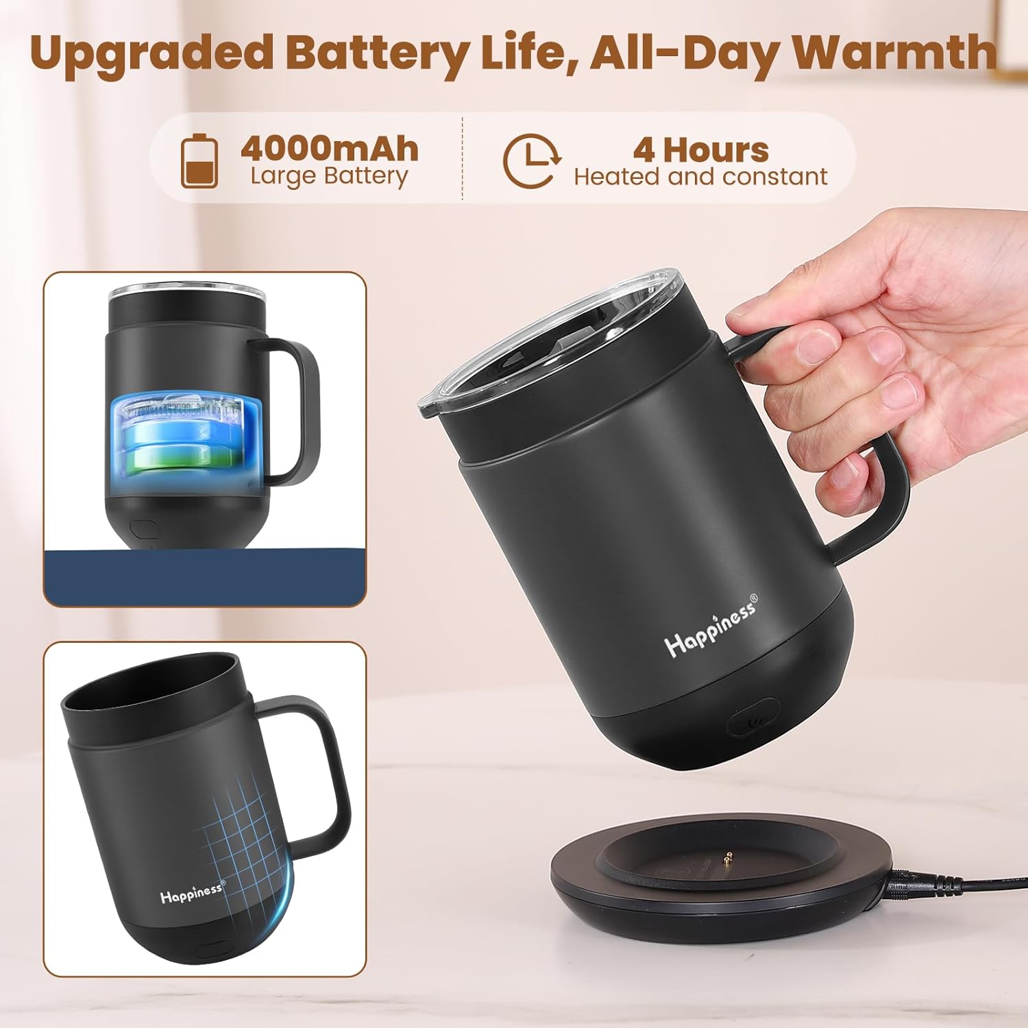 Happiness Smart Heated Coffee Mug,16oz Rechargeable Electric Self Heating Temperature Control Coffee Cup,Gifts for Mom Dad Grandma Wife