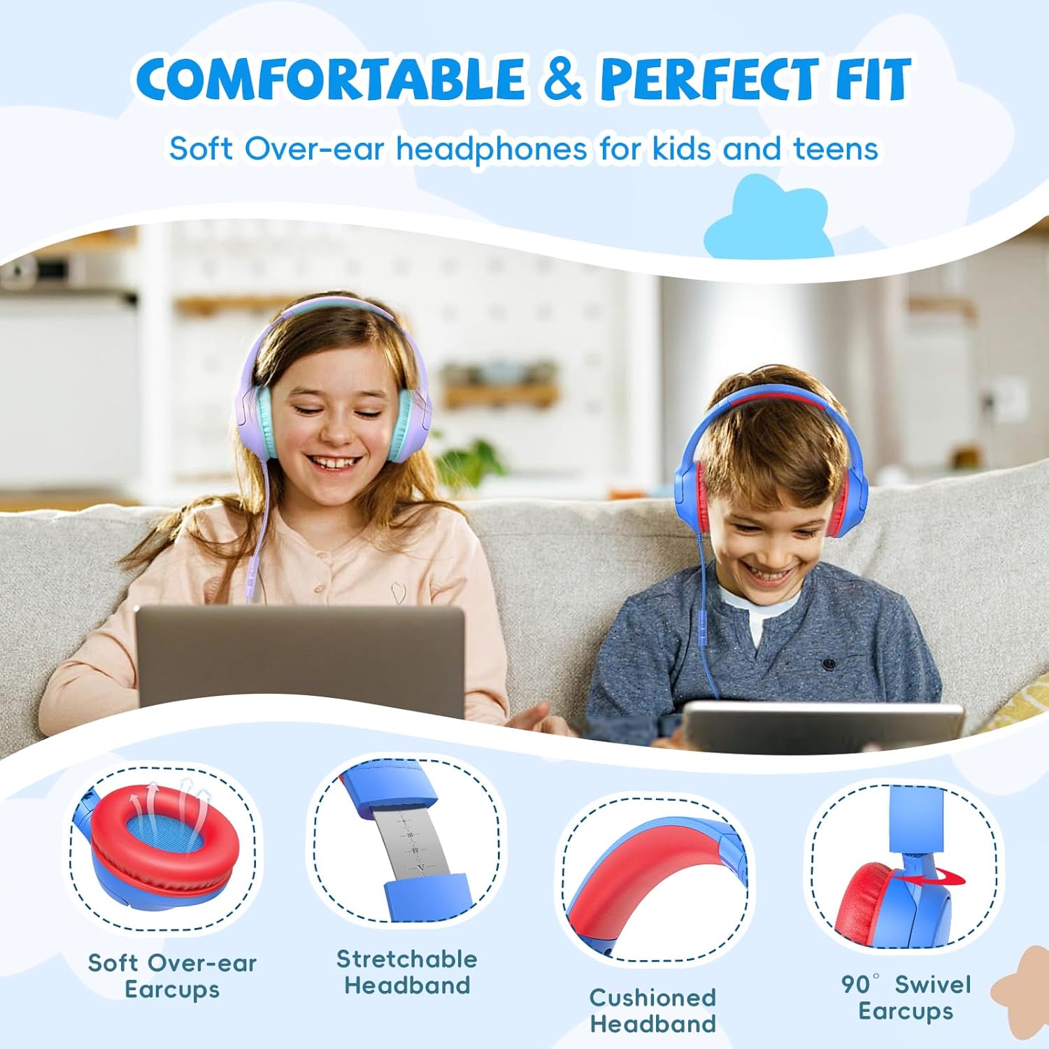 Kids Bluetooth Headphones, 85H Playtime Wireless Headphones for Kids, Colorful LED Lights, 85/94dB Safe Volume Limit, Bluetooth 5.4 Built-in Mic Toddler Headset for Tablet/Airplane/Travel (Red)