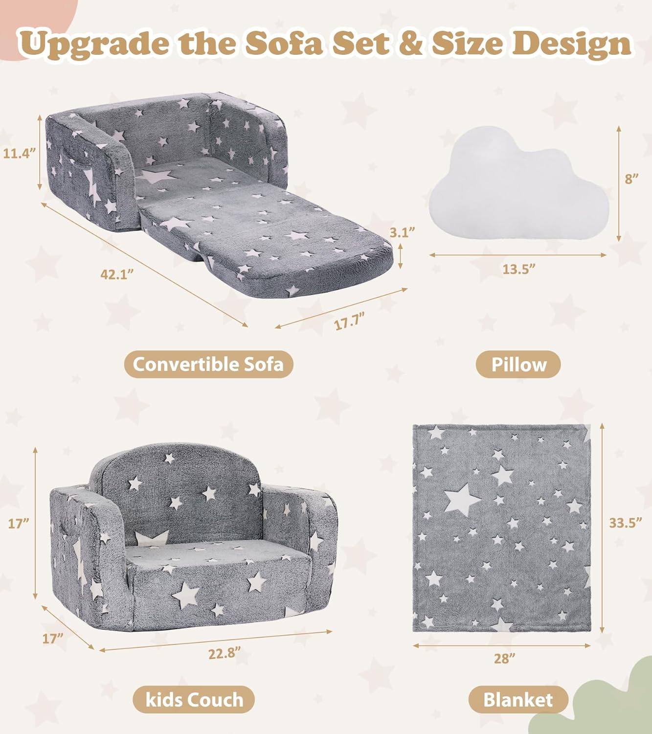 Kids Couch, 2-in-1 Soft Toddler Couch Fold Out with with Blanket and Cloud Pillow, Glow in The Dark, Toddler Chair Comfy, Convertible Sofa, Gifts for Kids Girl Boys, Medium Grey Star