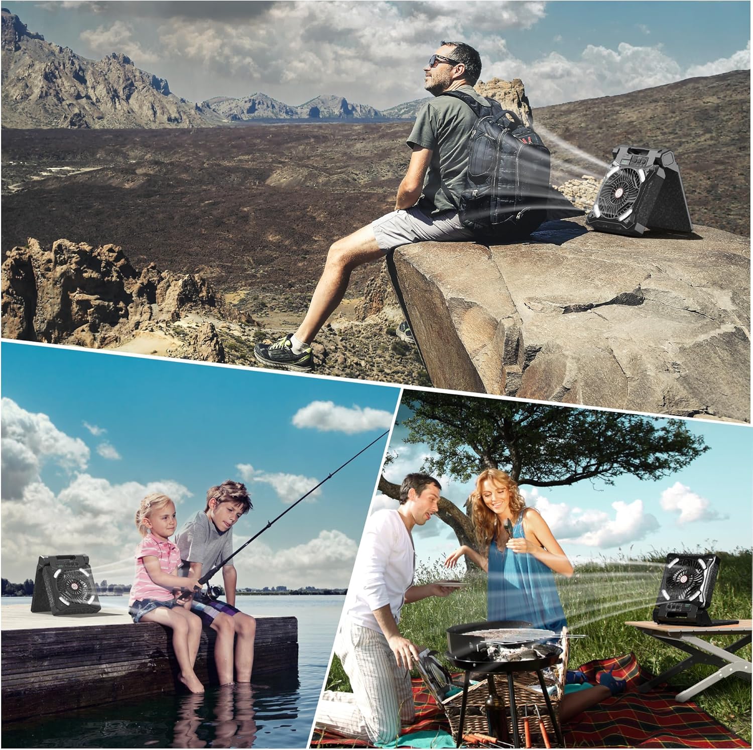 KITWLEMEN Upgraded Solar Camping Fan with Lantern - Rechargeable Battery Operated Fan, 36H Run Time Max, 4 Speeds, 8H Timer, 90° Adjustable Portable Desk Fan for Hurricane, Power Outage, Outdoor Use