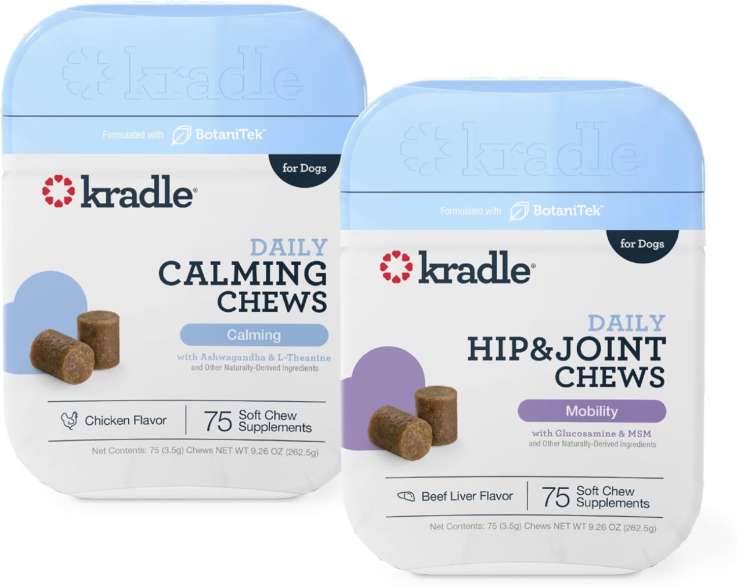 Kradle Calming  Joint Chews for Dogs - 2 Pack (75 Each) - Ashwagandha + Glucosamine MSM - Occasional Anxiety  Mobility Support