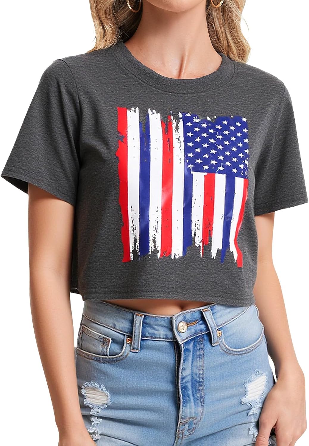 LEACOOLKEY Womens Patriotic Casual Tee Shirts American Flag Graphic Crop Tops LEACOOLKEY Womens Patriotic Casual Tee Shirts American Flag Graphic Crop Tops