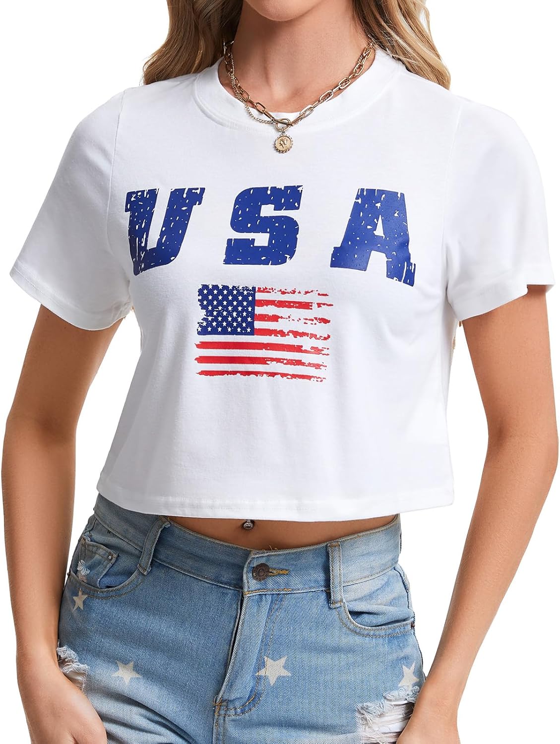 LEACOOLKEY Womens Patriotic Casual Tee Shirts American Flag Graphic Crop Tops LEACOOLKEY Womens Patriotic Casual Tee Shirts American Flag Graphic Crop Tops