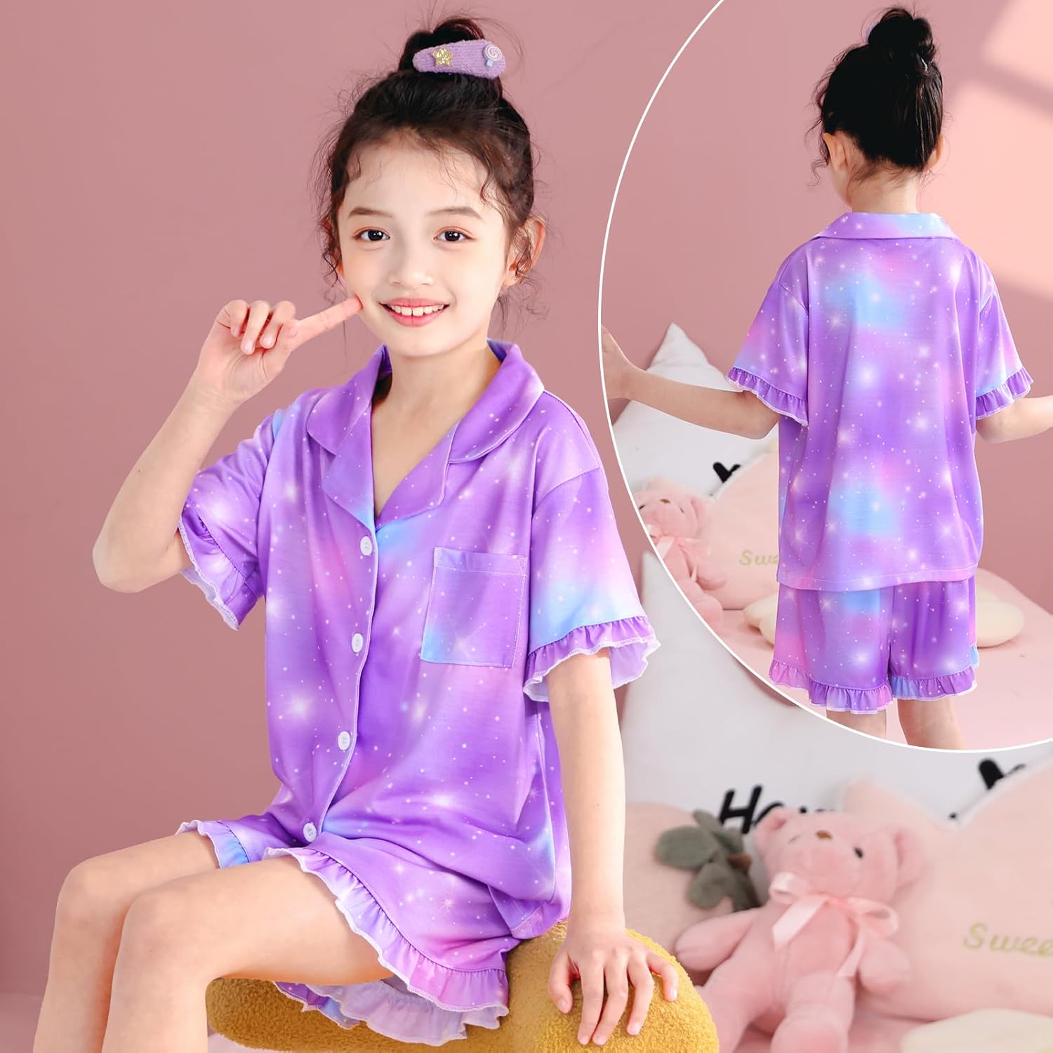 MHJY Girls Button Down Pajamas Sets, Short Sleeve Sleepwear with Shorts for Kids, Summer Pjs