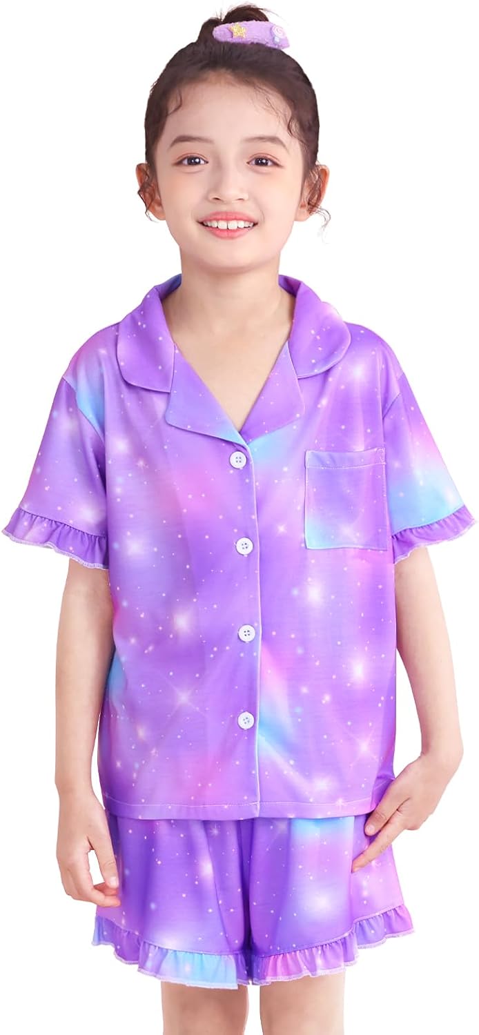 MHJY Girls Button Down Pajamas Sets, Short Sleeve Sleepwear with Shorts for Kids, Summer Pjs