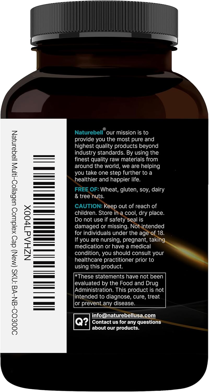 NatureBell Multi Collagen Complex, 300 Capsules | 5 Collagen Peptides (Type I, II, III, V, X) Plus Hyaluronic Acid, Biotin, Vitamin C,  Probiotics – Hair, Skin, Nail, Joint,  Gut Health Support