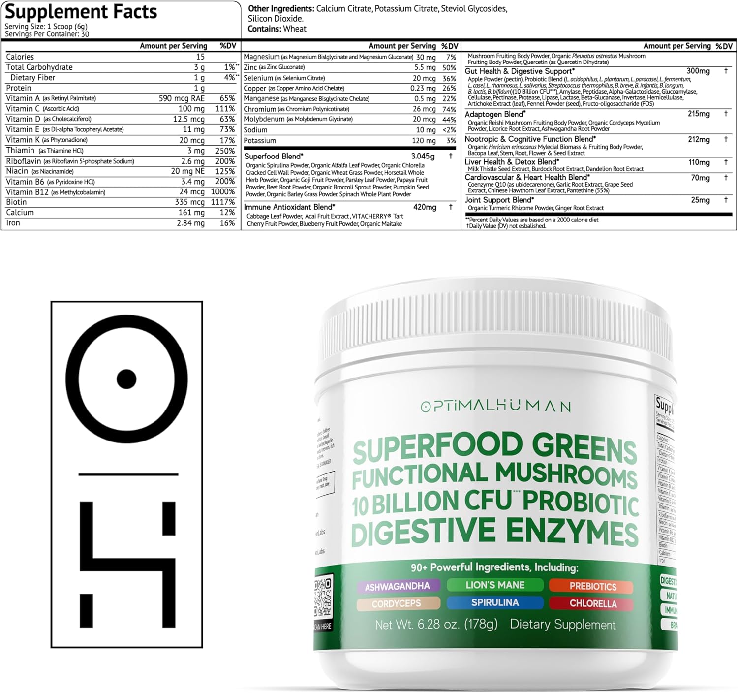 O H Optimal Human Superfood Greens Powder | 90+ Premium Non-GMO Ingredients | Organic Spirulina, Chlorella, Ashwagandha, Lions Mane, 10+ Billion Probiotic Digestive Enzymes | Energy, Longevity O H Optimal Human Superfood Greens Powder | 90+ Premium Non-GMO Ingredients | Organic Spirulina, Chlorella, Ashwagandha, Lions Mane, 10+ Billion Probiotic Digestive Enzymes | Energy, Longevity