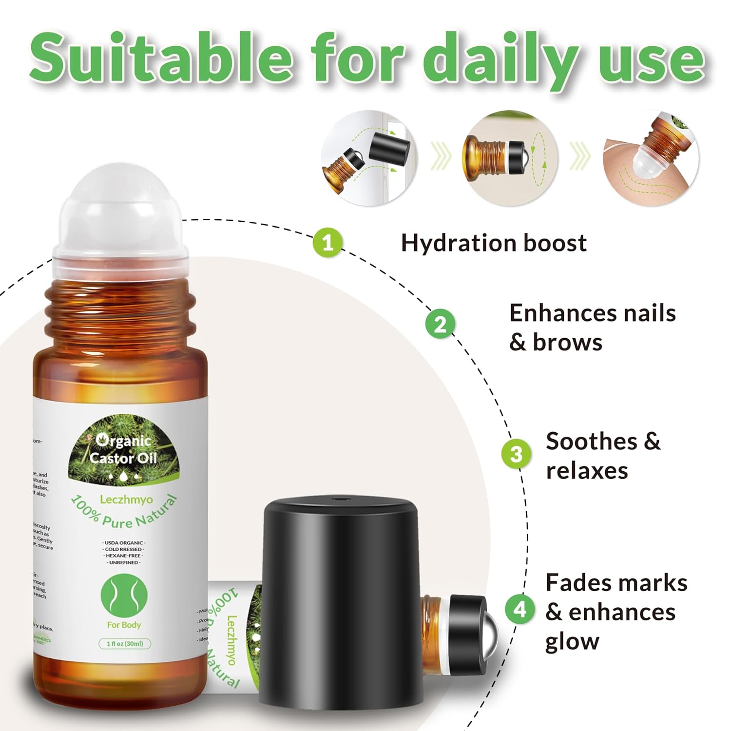 Organic Castor Oil Roll on for Belly, Face, Body, Under Eyes– Certified Organic, Cold Pressed, Hexane Free, Unrefined – 3 Glass Bottle Pure Roller Ball Castor Oil to Moisturize Skin, Lips