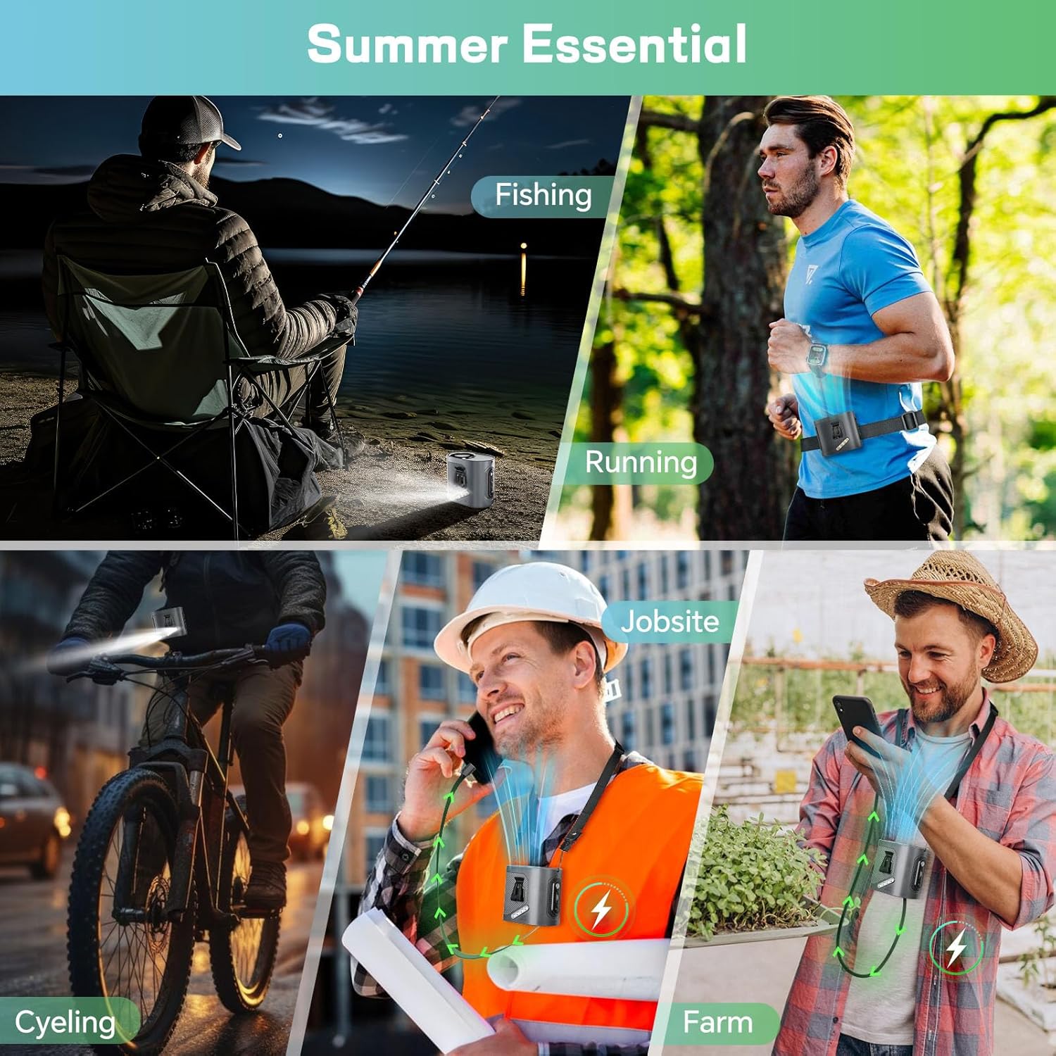 Portable Waist Fan Clip on - Wearable Belt Personal Fans, Hands Free Air Cooler of Neck/Shirt, 100 Speed|Flashlight Rechargeable, Built in Type-C Cable, for Outdoor Job Camping Travel Essentials Gift