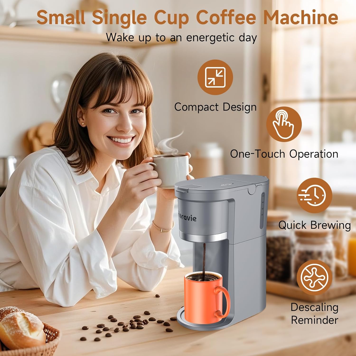 Small Single Serve Coffee Maker, Fast Brew One Cup Coffee Machine for K Cup and Grounds, 6 to 12 oz. Brew Sizes, Capsule Coffee Machine with Descaling Reminder and Viewing Tank, Grey