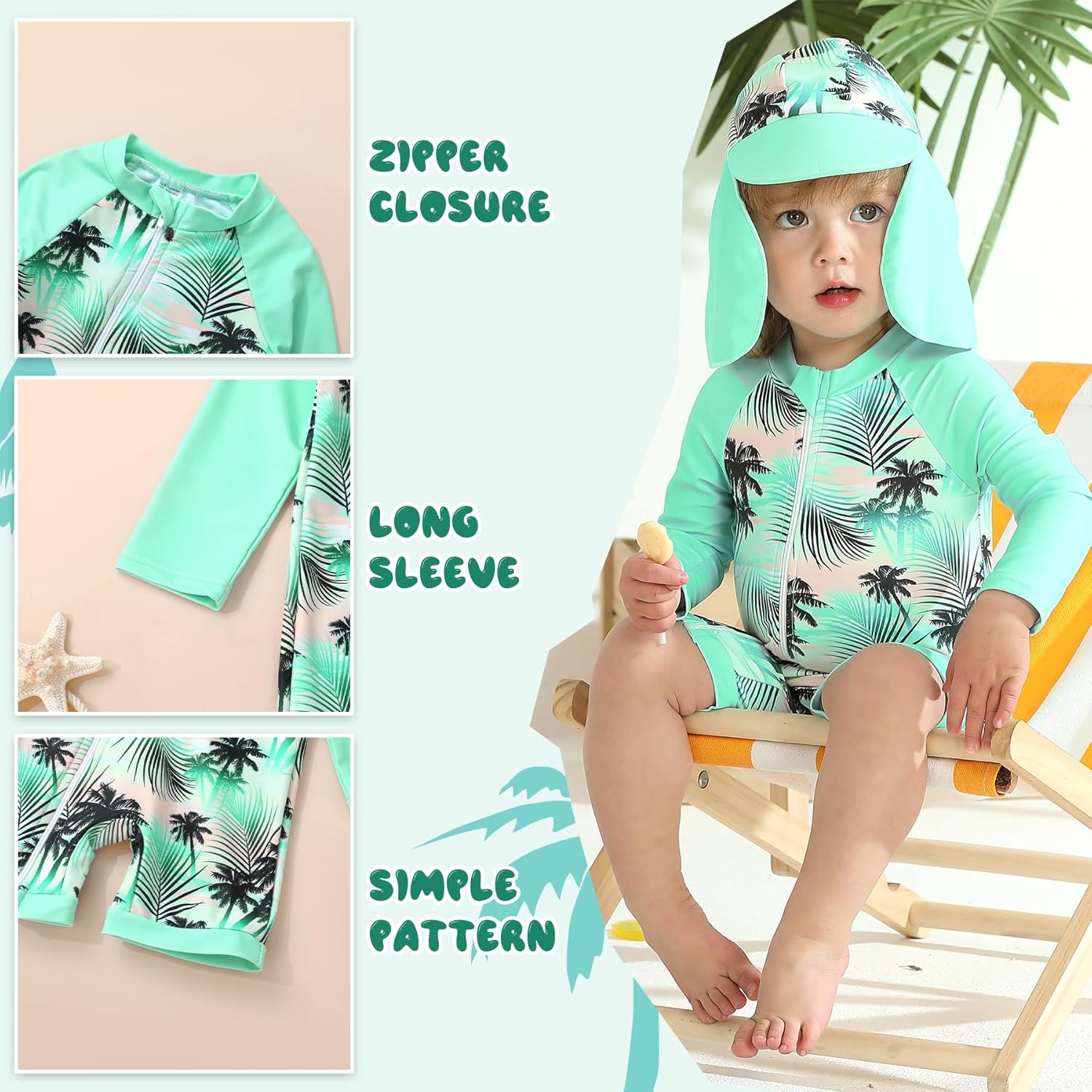 Toddler Baby Girls Swimsuit One-Piece Zipper Swimwear UPF 50+ Sun Protection Bathing Suit with Hat