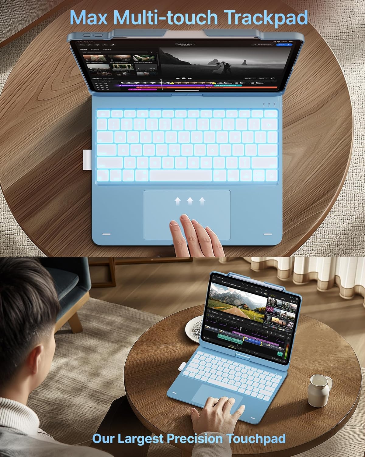 typecase Touch Case with Keyboard for iPad Pro 13-inch(M5/M4, 2025/2024), iPad Air 13-inch(M3/M2, 2025/2024)  iPad Pro 12.9-inch, Trackpad, 360° Rotatable, 11-Colors Backlit, Lake Blue