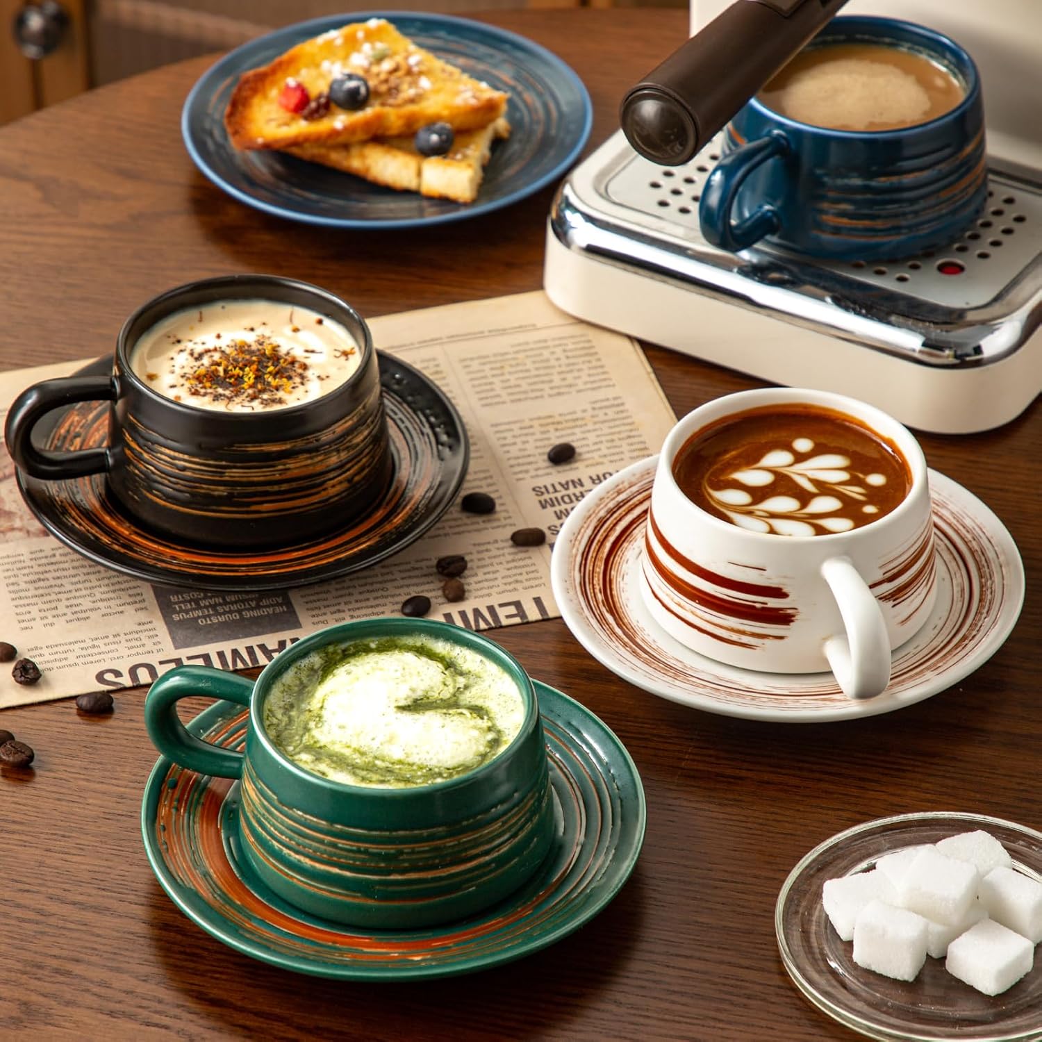 YUN TAO 4-Piece Ceramic Latte  Cappuccino Cups with Saucers Set, Ergonomic Handle Tea Mugs - Elegant Stylish Design for Home Office Cafe, Ideal for Coffee Lovers, Perfect Birthday Gifts for Women