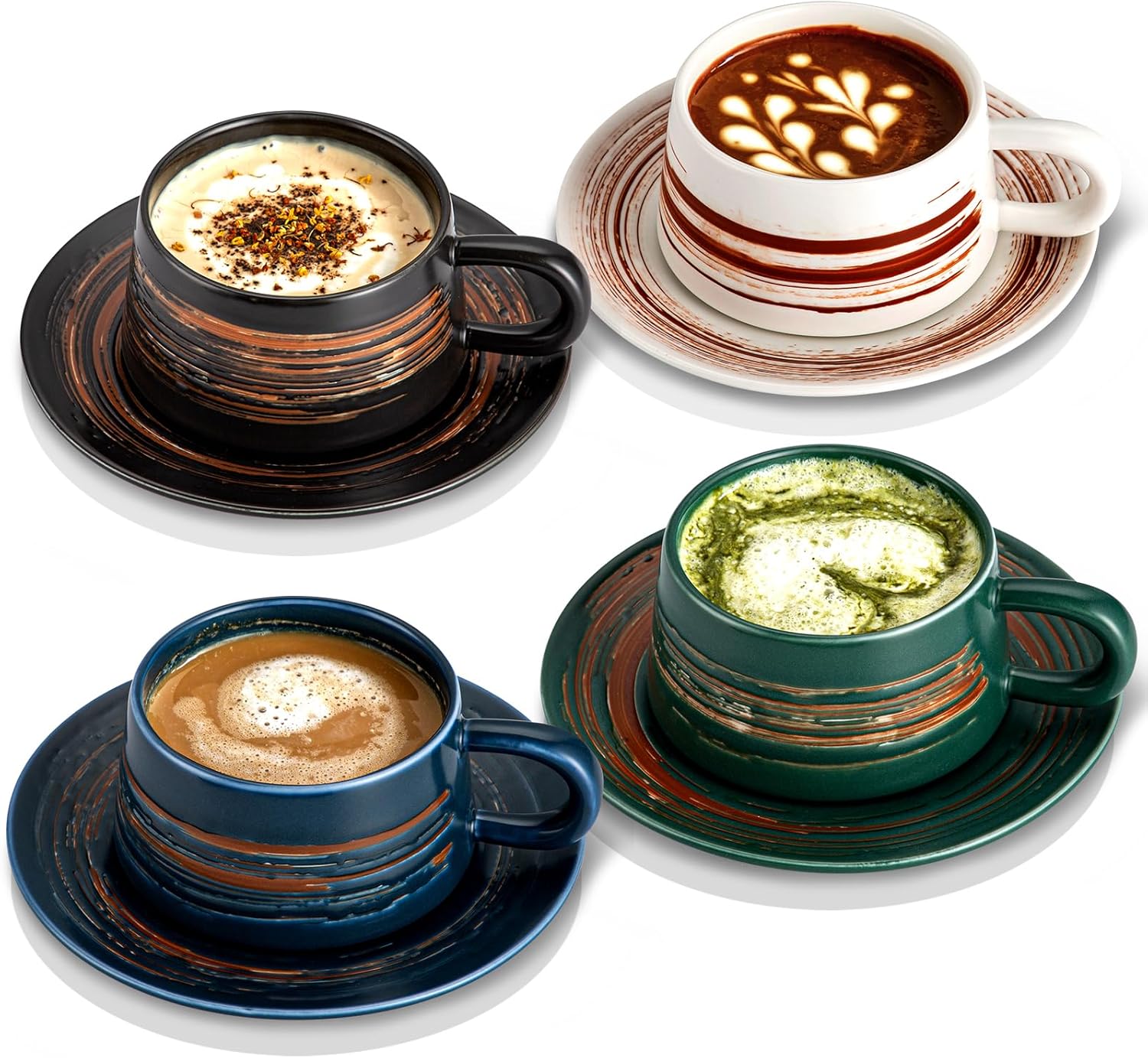 YUN TAO 4-Piece Ceramic Latte  Cappuccino Cups with Saucers Set, Ergonomic Handle Tea Mugs - Elegant Stylish Design for Home Office Cafe, Ideal for Coffee Lovers, Perfect Birthday Gifts for Women