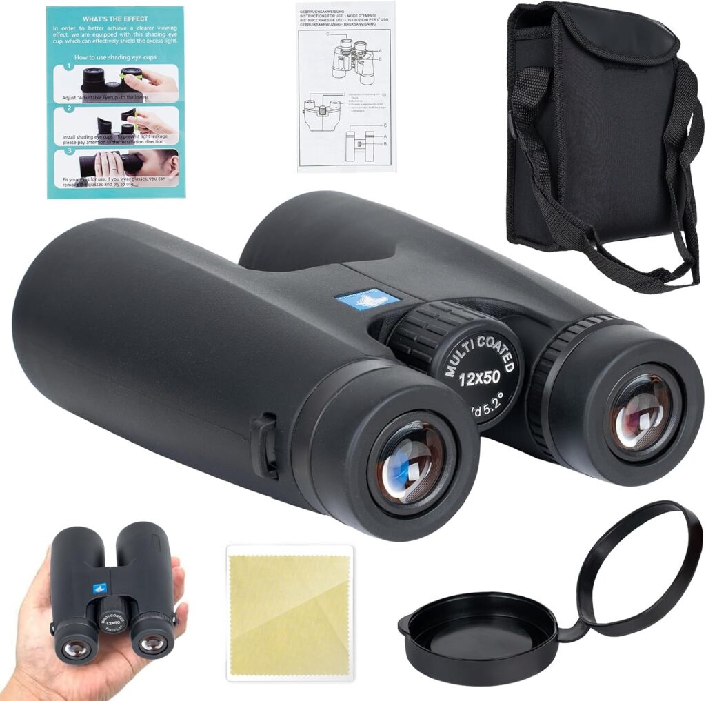 12x50 HD Binoculars for Adults High Powered, HD Large View Binoculars with Clear Low Light Vision, Lightweight Waterproof Binoculars for Bird Watching Hunting