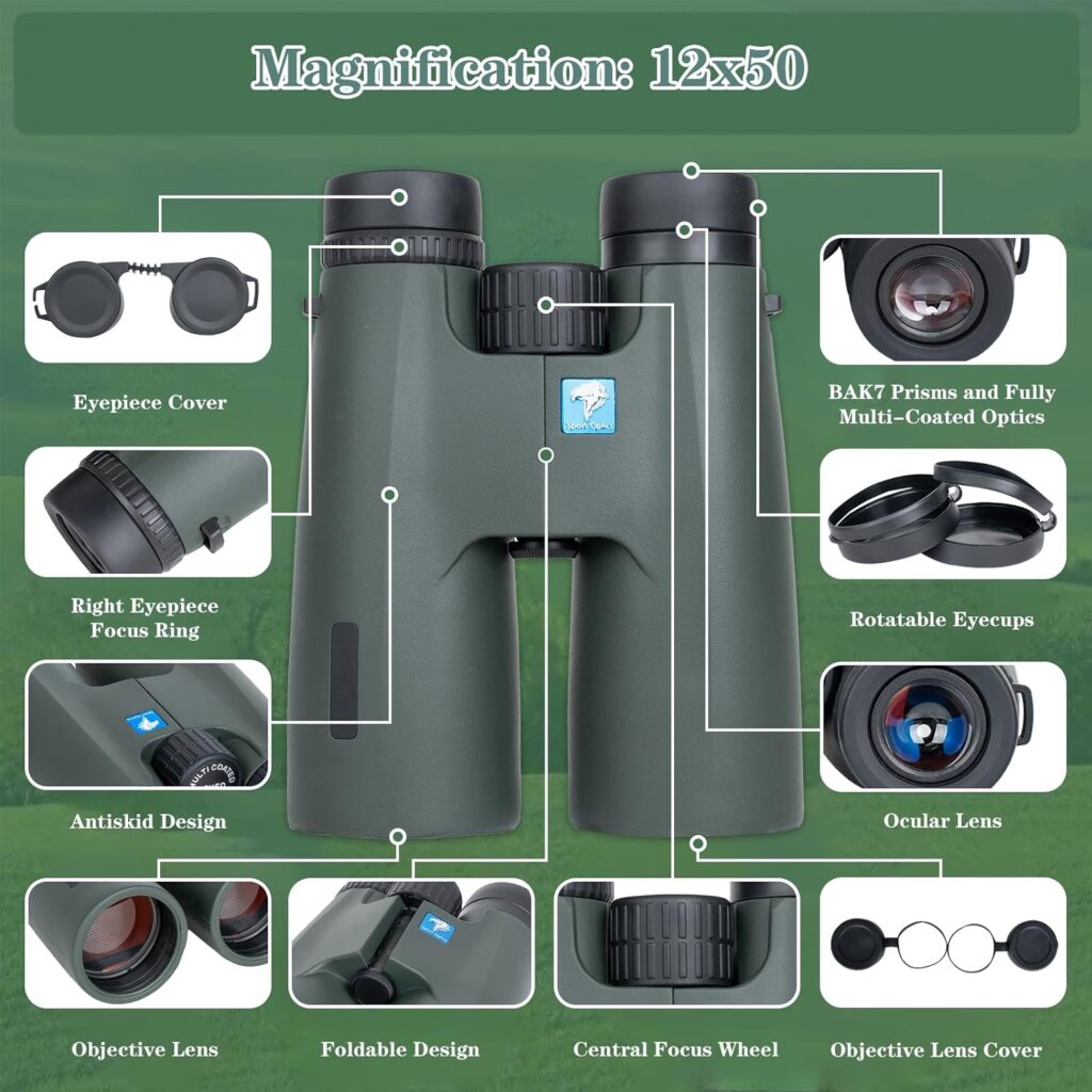 12x50 HD Binoculars for Adults High Powered, HD Large View Binoculars with Clear Low Light Vision, Lightweight Waterproof Binoculars for Bird Watching Hunting