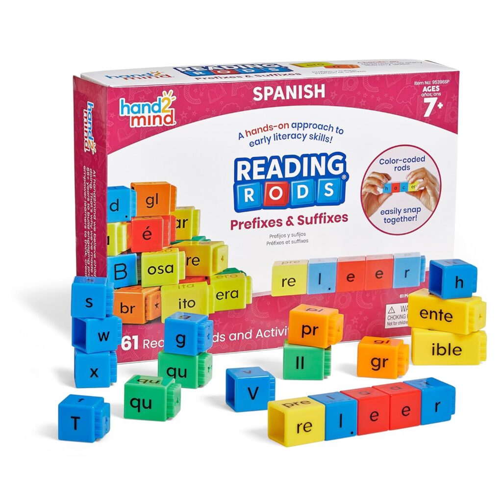 hand2mind Spanish Reading Rods Prefixes  Suffixes, Word Building Activities, Alphabet Linking Cubes, Letter Blocks for Spelling, Learn Spanish for Kids, Spanish Classroom Must Haves