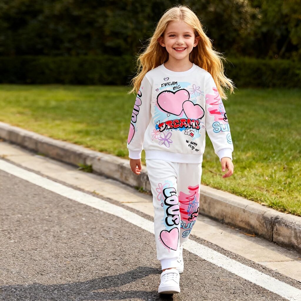Kids Toddler Girl Clothes Heart Letter Print Long-sleeved round collar top+Letter Print Pants Outfits Set
